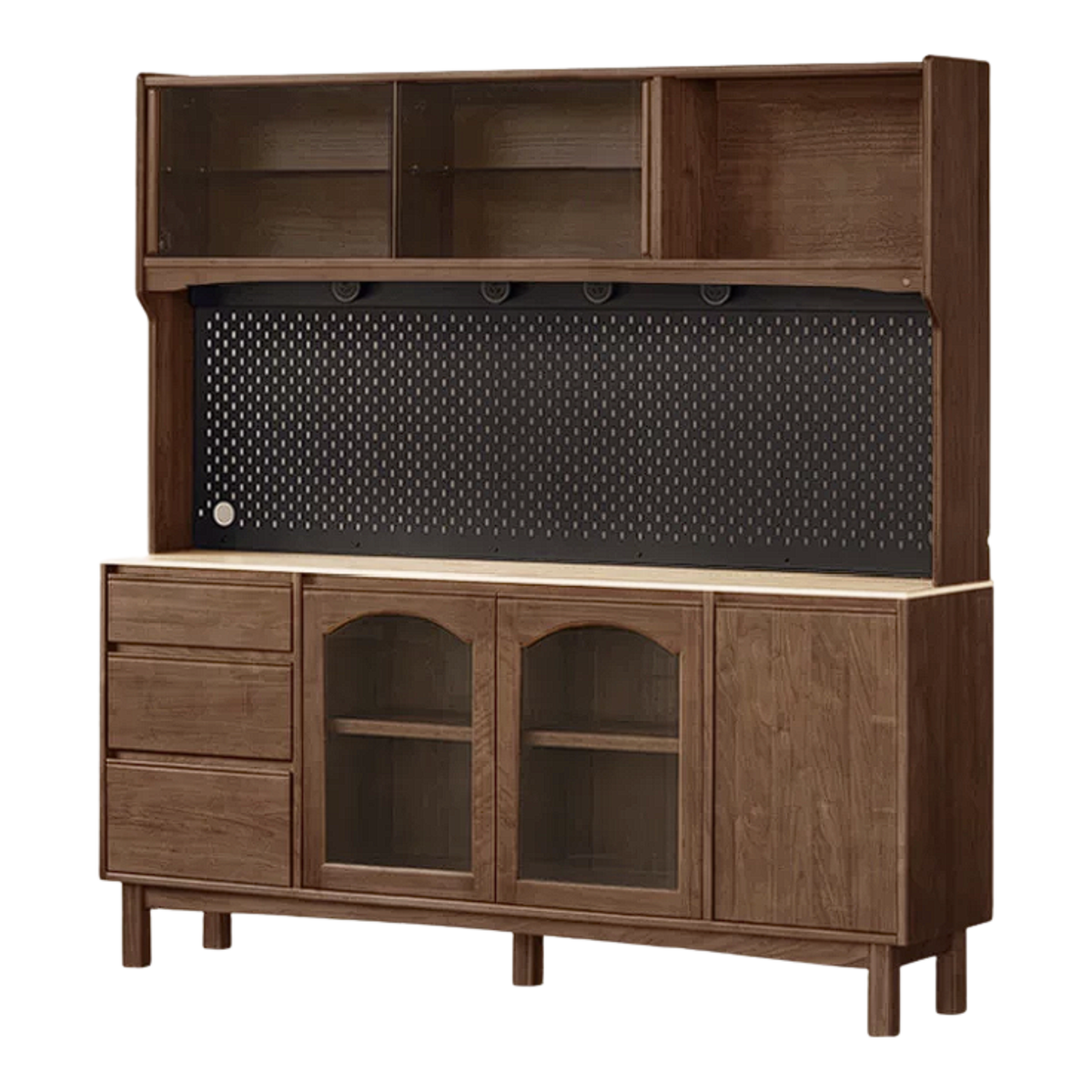 Black Walnut, Golden Sandalwood Solid Wood Retro Buffet Sideboard with Travertine Top and Optional Hutch