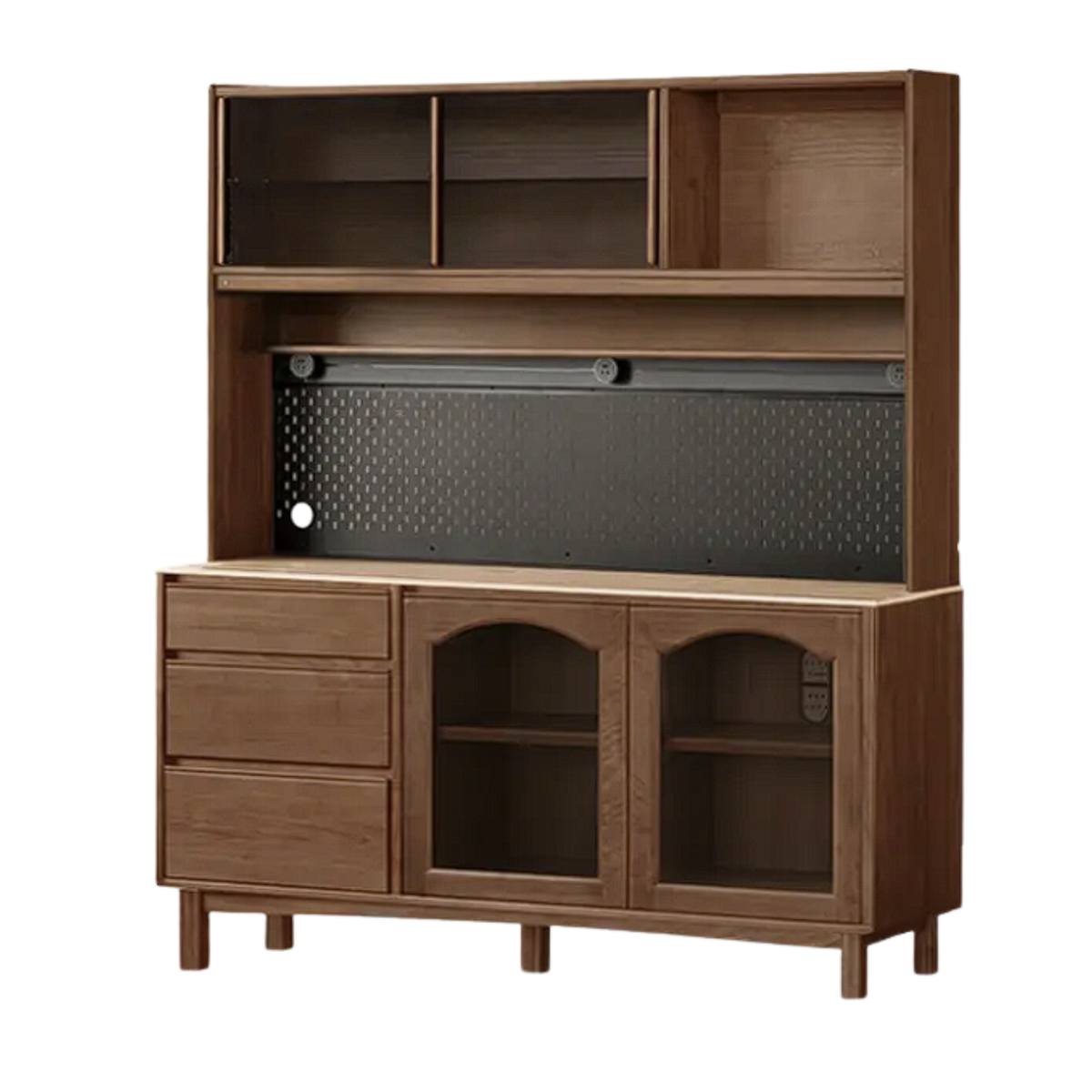 Black Walnut, Golden Sandalwood Solid Wood Retro Buffet Sideboard with Travertine Top and Optional Hutch