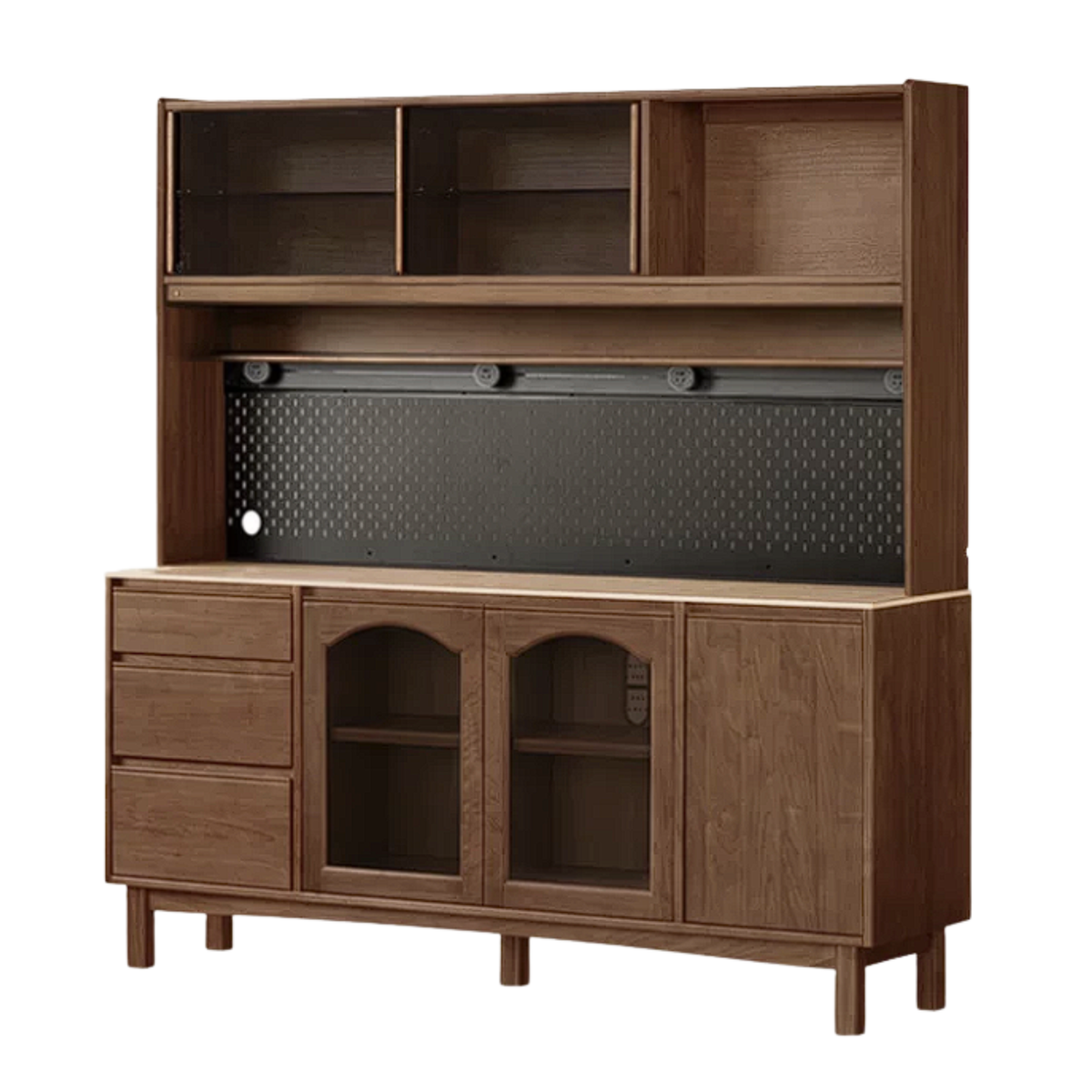 Black Walnut, Golden Sandalwood Solid Wood Retro Buffet Sideboard with Travertine Top and Optional Hutch
