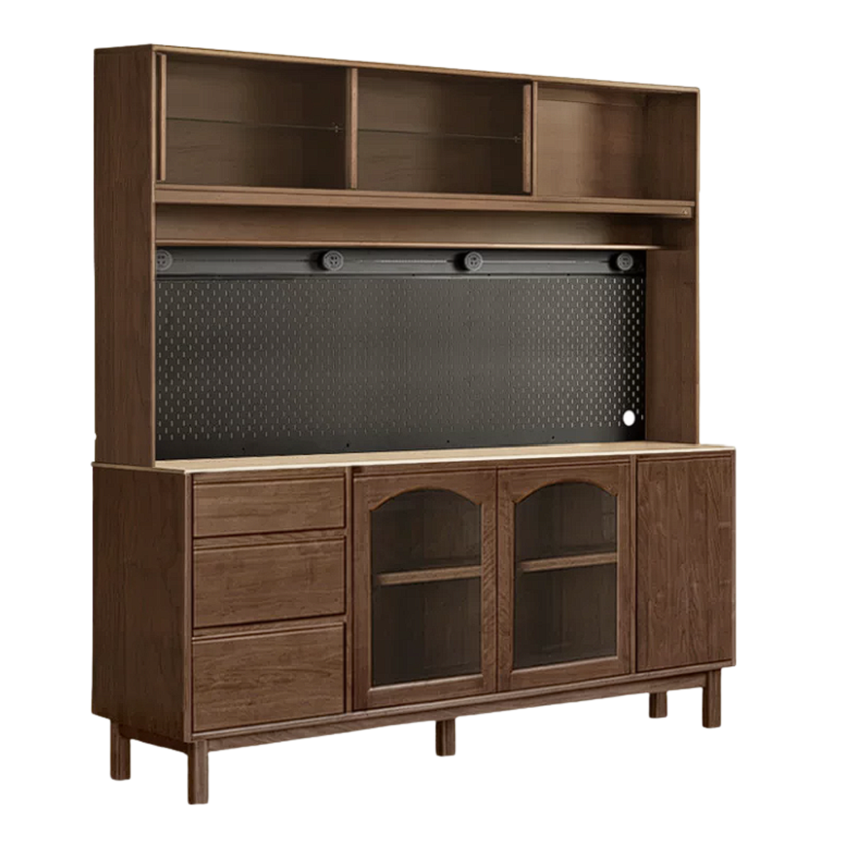 Black Walnut, Golden Sandalwood Solid Wood Retro Buffet Sideboard with Travertine Top and Optional Hutch