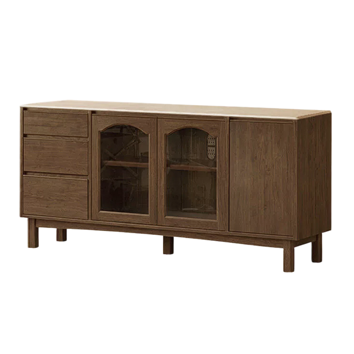 Black Walnut, Golden Sandalwood Solid Wood Retro Buffet Sideboard with Travertine Top and Optional Hutch