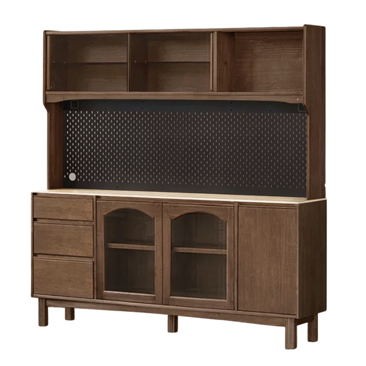 Black Walnut, Golden Sandalwood Solid Wood Retro Buffet Sideboard with Travertine Top and Optional Hutch