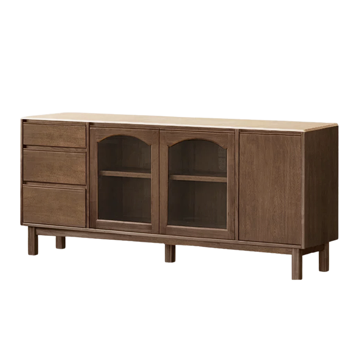 Black Walnut, Golden Sandalwood Solid Wood Retro Buffet Sideboard with Travertine Top and Optional Hutch