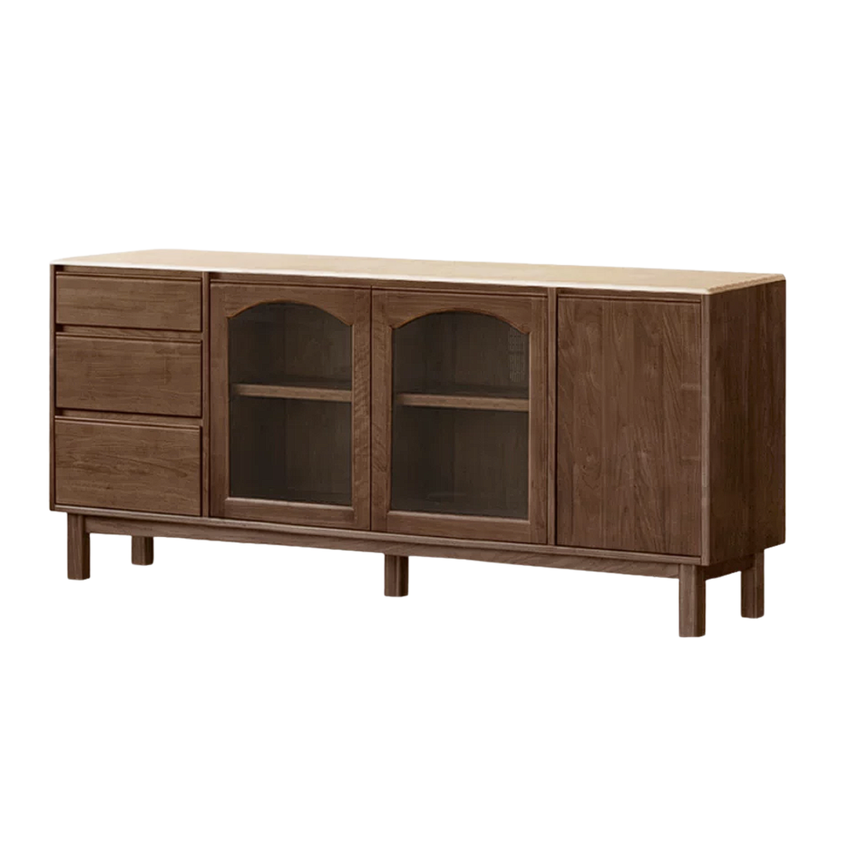 Black Walnut, Golden Sandalwood Solid Wood French Retro Sideboard Buffet with Travertine Top and Optional Upper Shelf