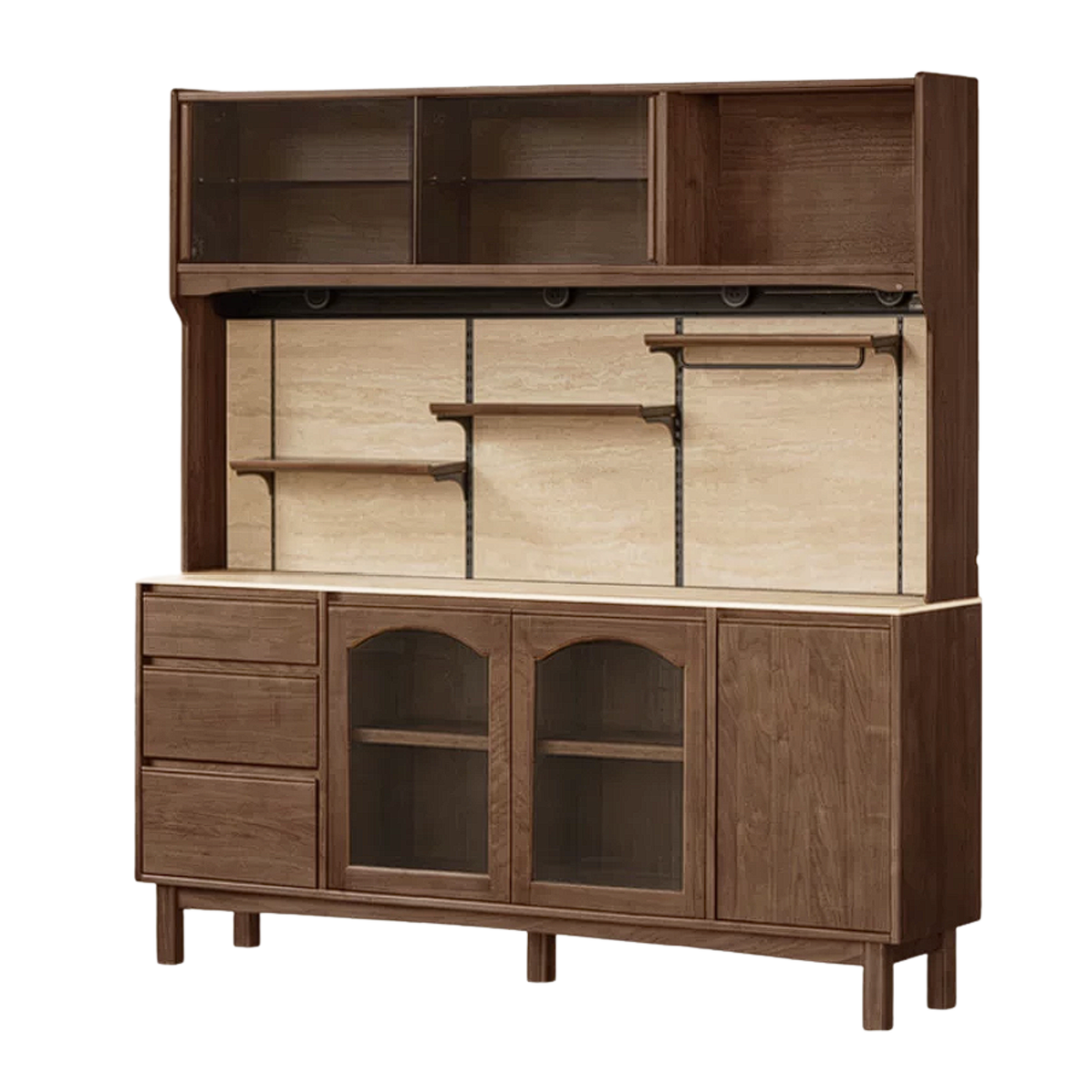Black Walnut, Golden Sandalwood Solid Wood French Retro Sideboard Buffet with Travertine Top and Optional Upper Shelf