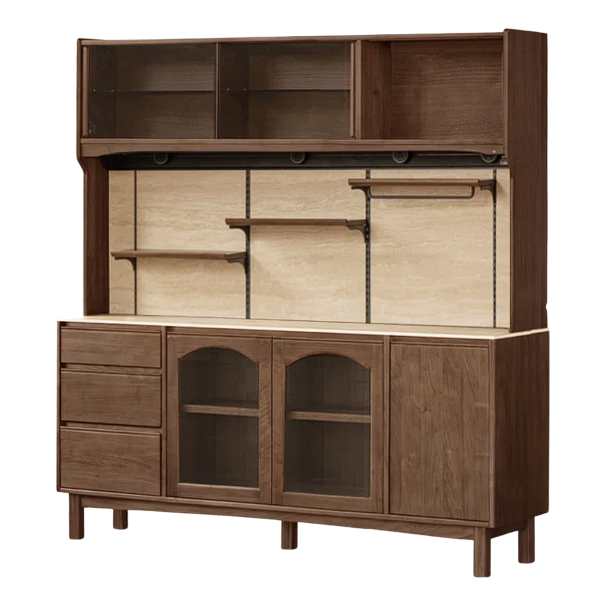 Black Walnut, Golden Sandalwood Solid Wood French Retro Sideboard Buffet with Travertine Top and Optional Upper Shelf