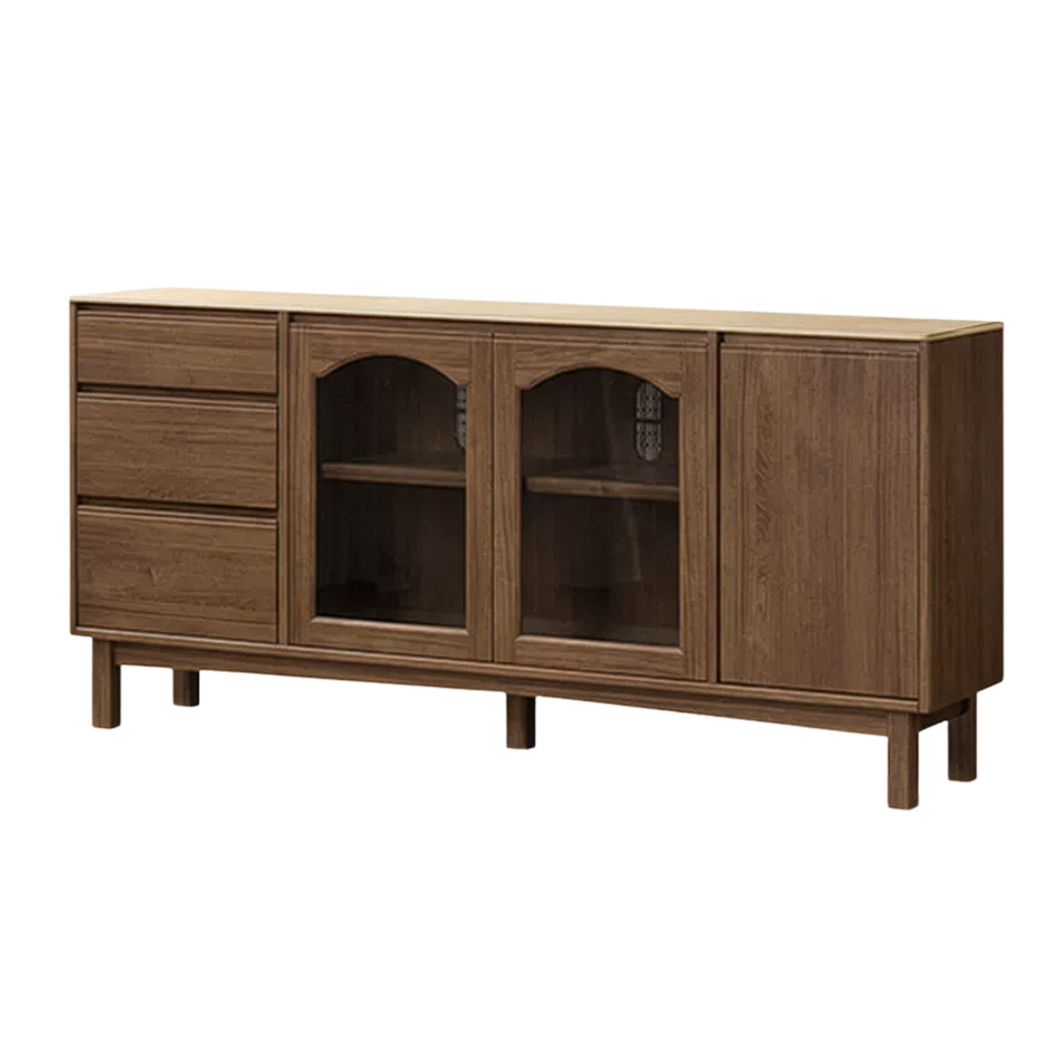 Black Walnut, Golden Sandalwood Solid Wood French Retro Sideboard Buffet with Travertine Top and Optional Upper Shelf