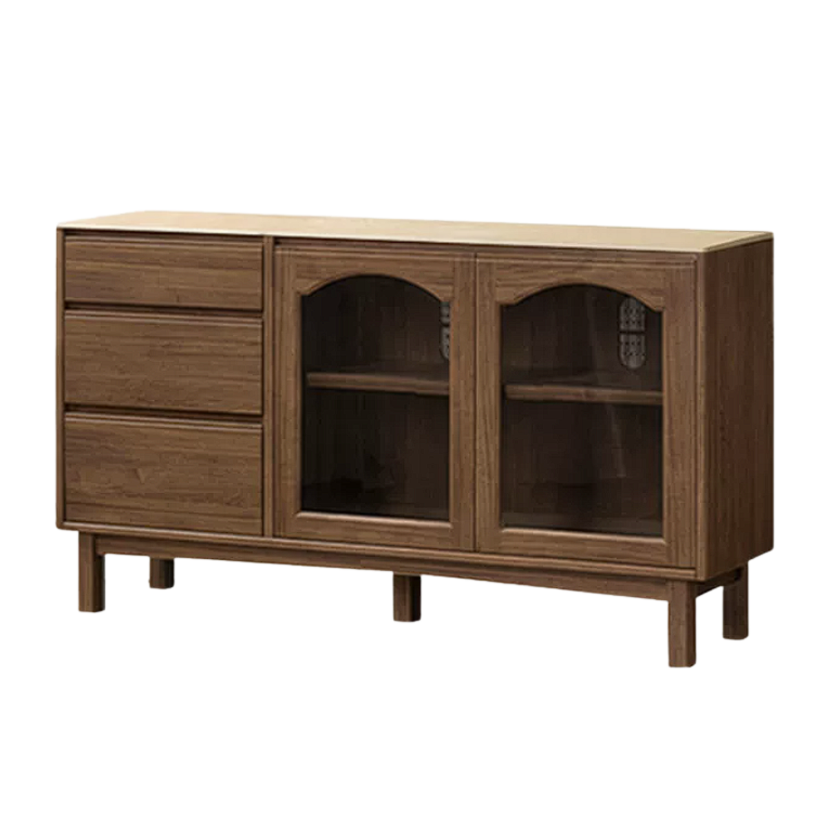 Black Walnut, Golden Sandalwood Solid Wood French Retro Sideboard Buffet with Travertine Top and Optional Upper Shelf