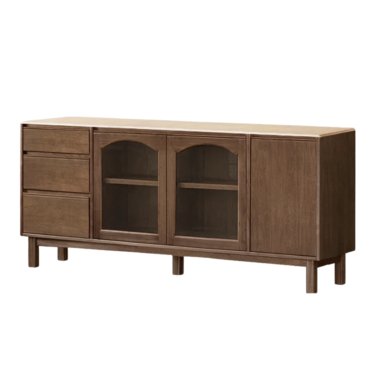Black Walnut, Golden Sandalwood Solid Wood French Retro Sideboard Buffet with Travertine Top and Optional Upper Shelf