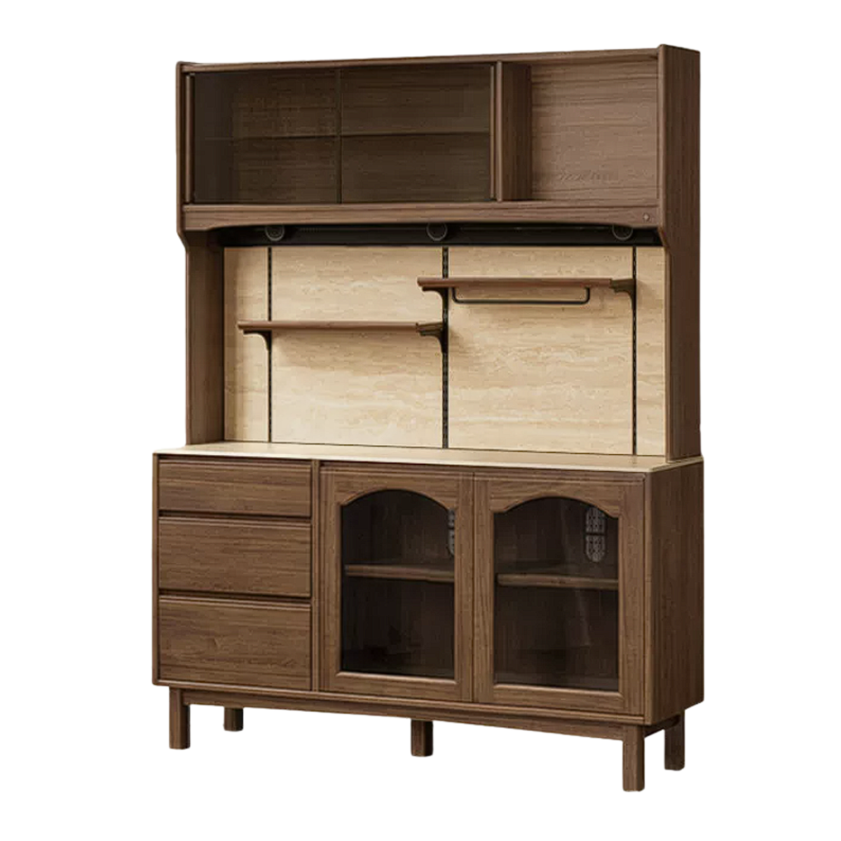 Black Walnut, Golden Sandalwood Solid Wood French Retro Sideboard Buffet with Travertine Top and Optional Upper Shelf