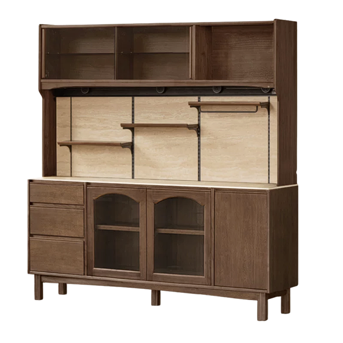 Black Walnut, Golden Sandalwood Solid Wood French Retro Sideboard Buffet with Travertine Top and Optional Upper Shelf