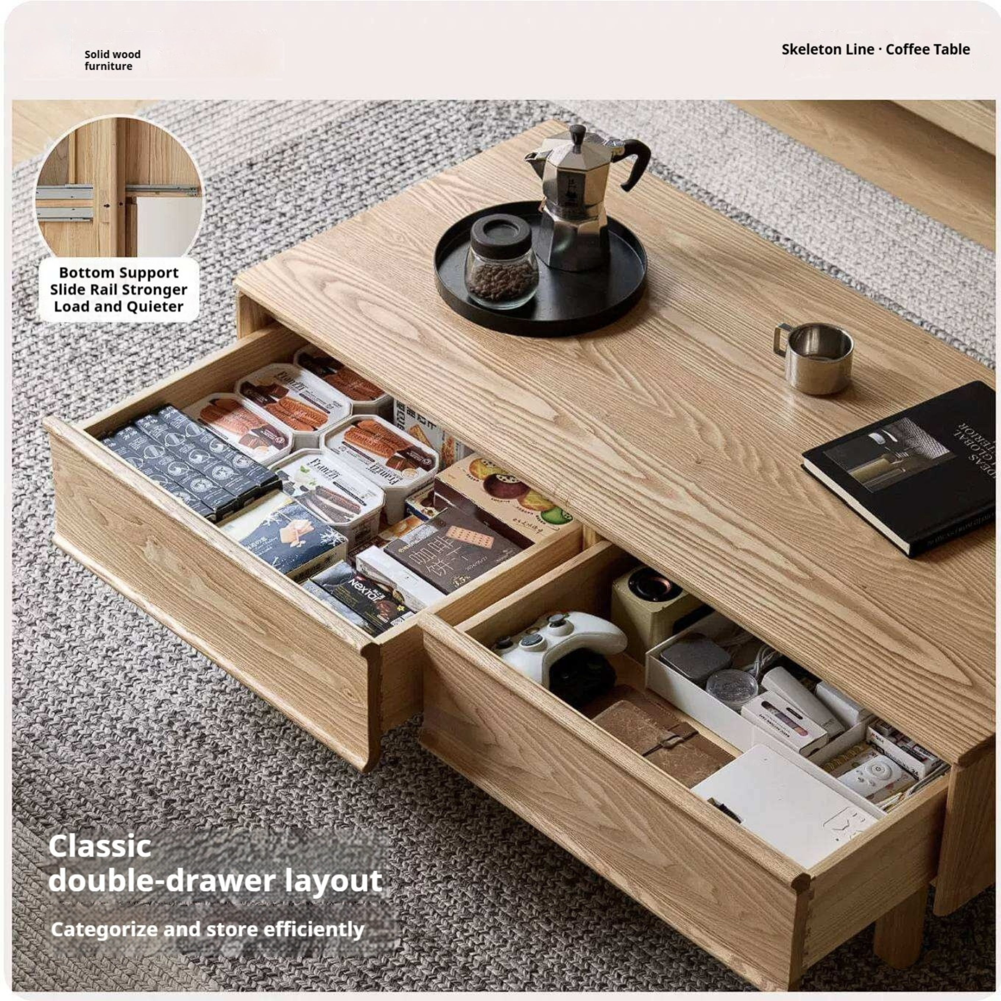 Ash Solid Wood Coffee Table with Beveled Edge, Two Drawers, Tapered Legs