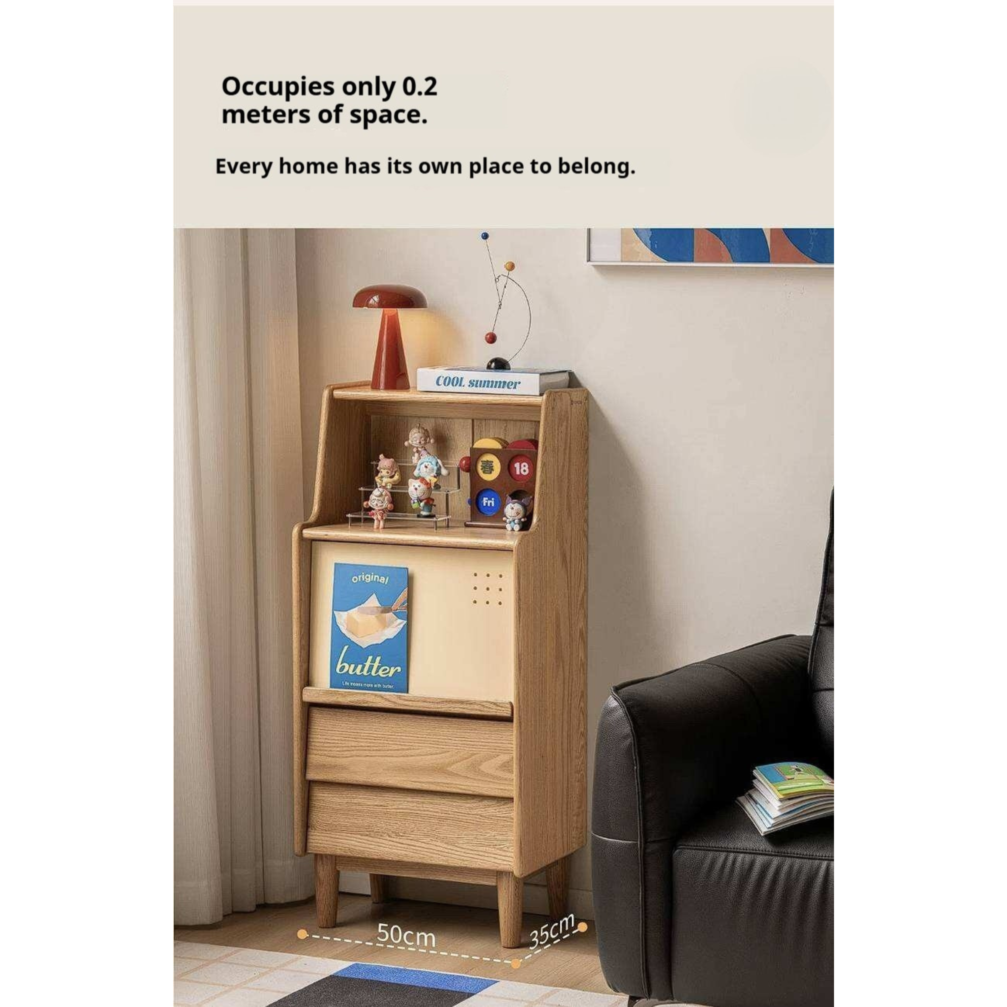 Oak Solid Wood Tall Narrow Cabinet with Open Shelf and Flip Door