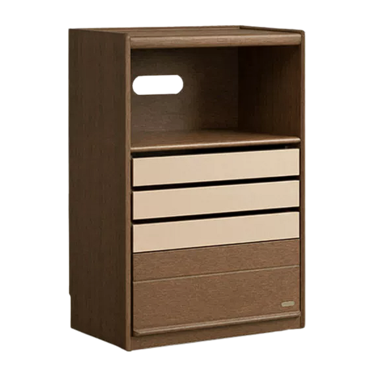 Black Walnut, Golden Pearwood Solid Wood Tall Accent Cabinet with Open Top Shelf and Drawers