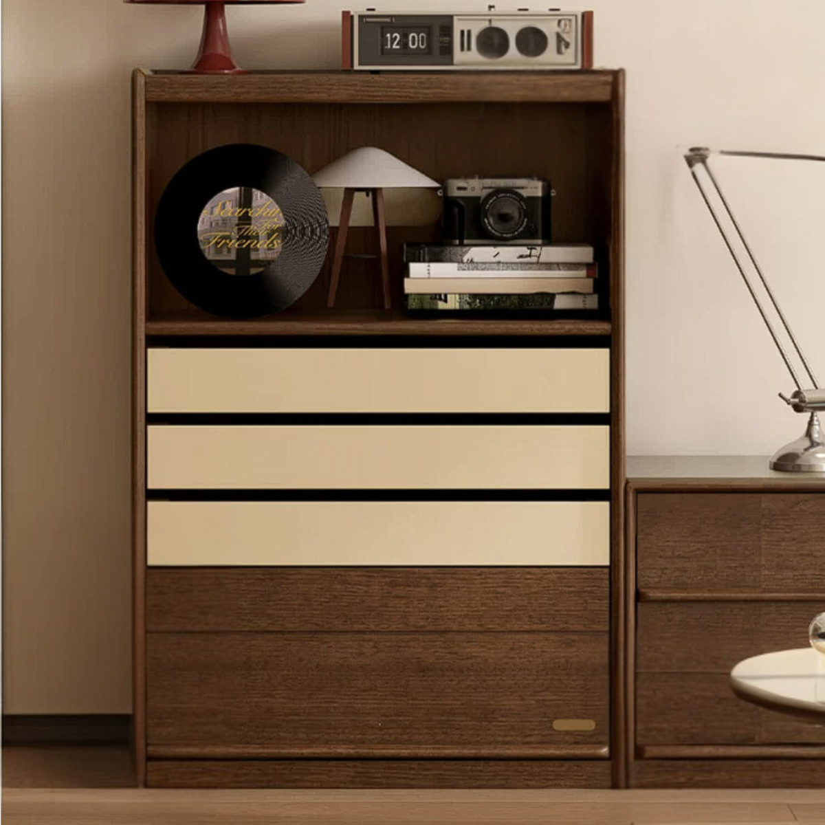 Black Walnut, Golden Pearwood Solid Wood Tall Accent Cabinet with Open Top Shelf and Drawers
