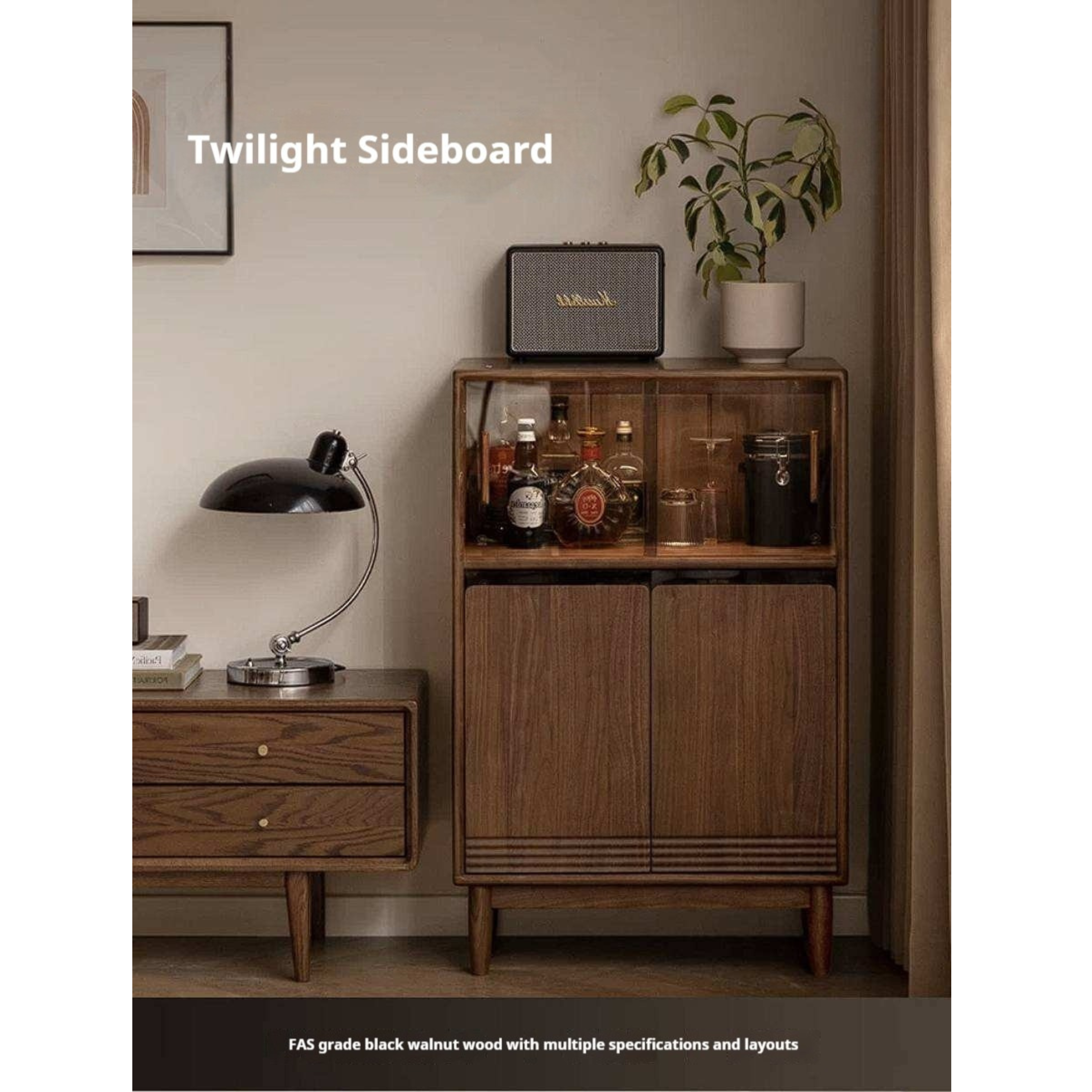 Black Walnut, Golden Rosewood, Oak, Ash, Cherry Solid Wood Side Cabinet with Minimalist TV Stand Storage Design