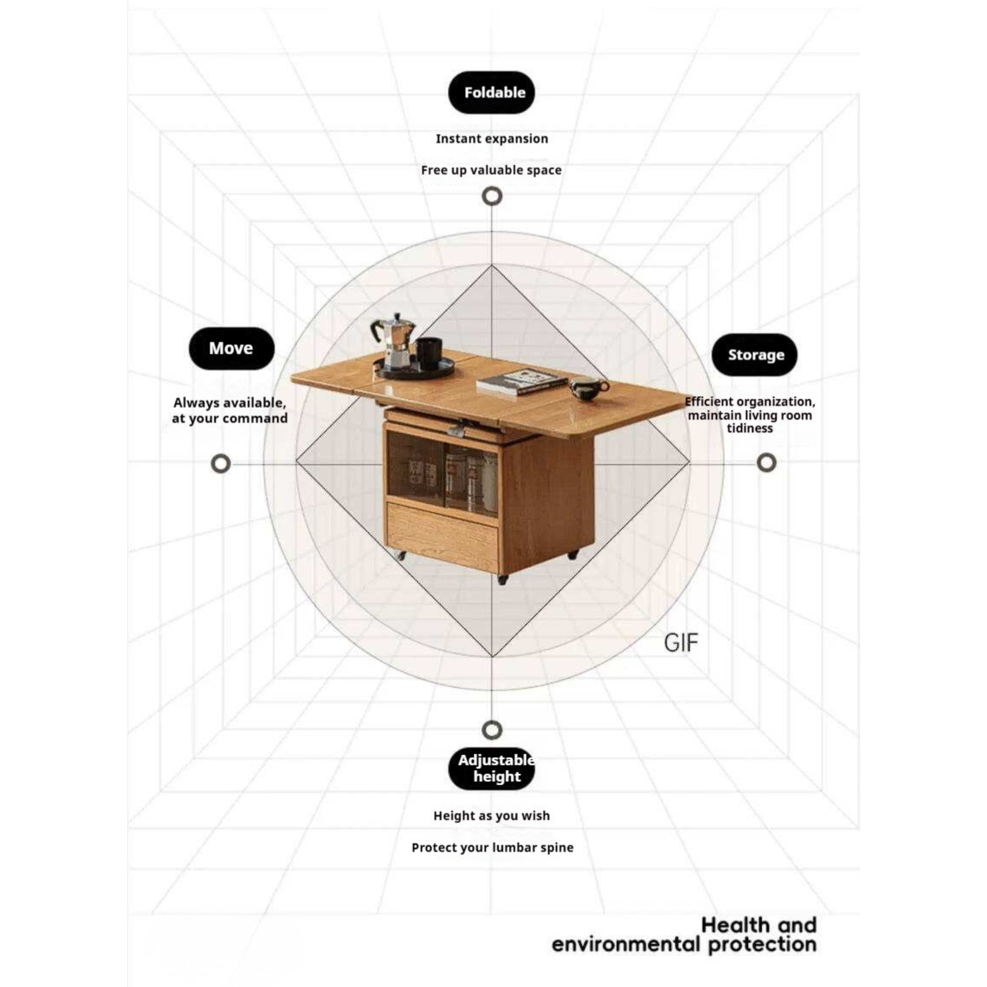Cherry Solid Wood Folding Coffee Table with Lift-Top Dual Function Design