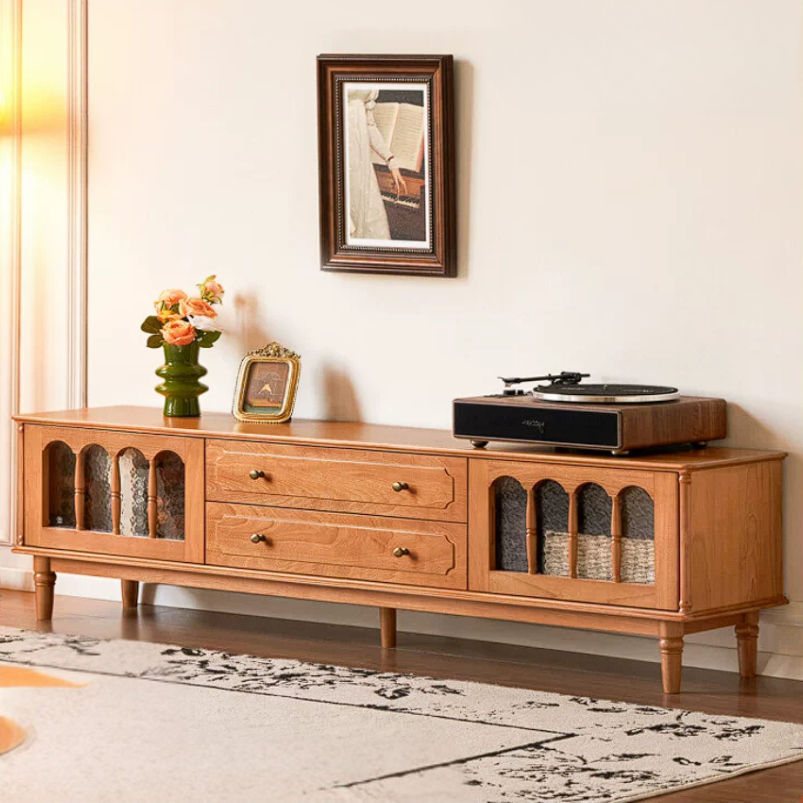 Cherry Solid Wood TV Cabinet with French Retro Glass Door Design