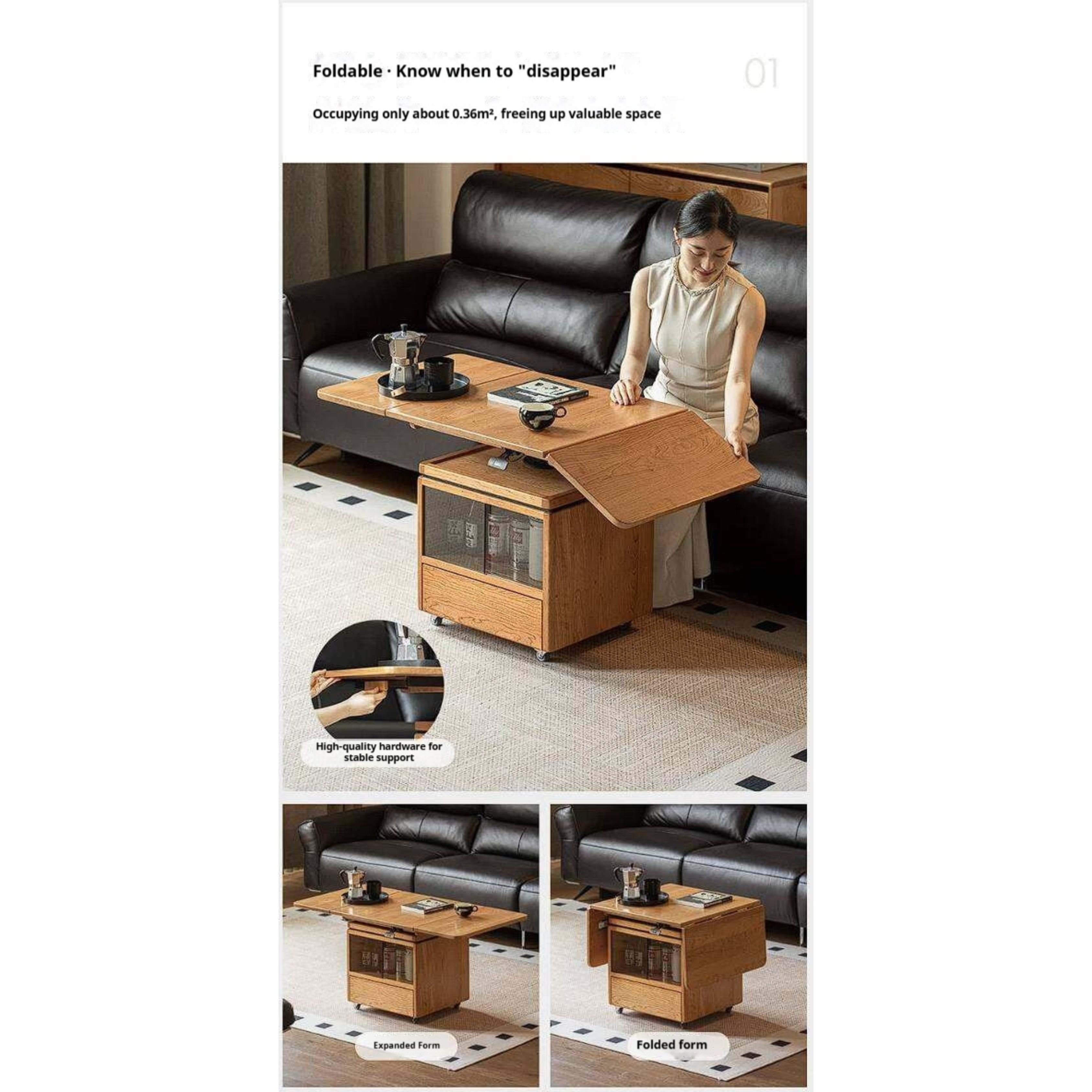 Cherry Solid Wood Folding Coffee Table with Lift-Top Dual Function Design