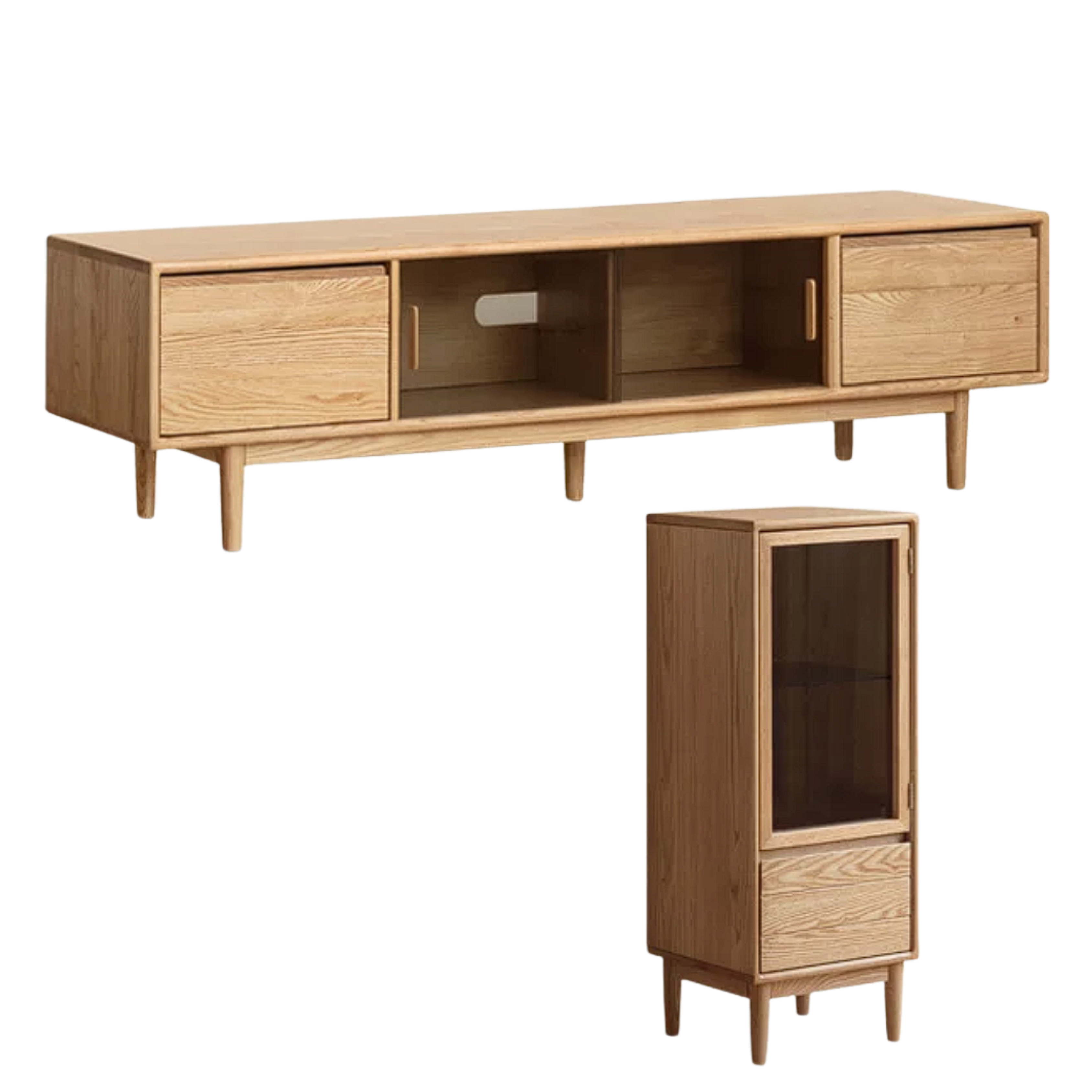 Oak, Ash Solid Wood TV Console with Ribbed Glass Sliding Doors and Tapered Legs