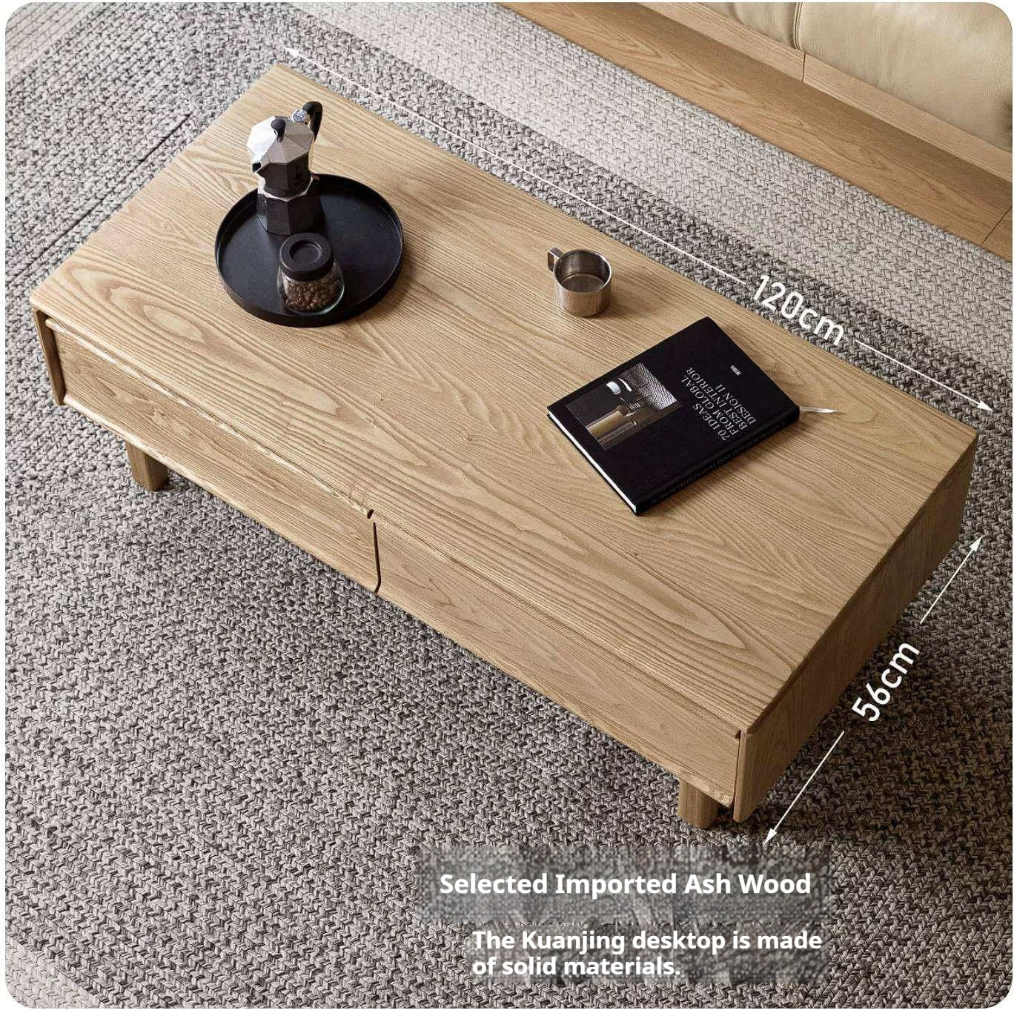 Ash Solid Wood Coffee Table with Beveled Edge, Two Drawers, Tapered Legs