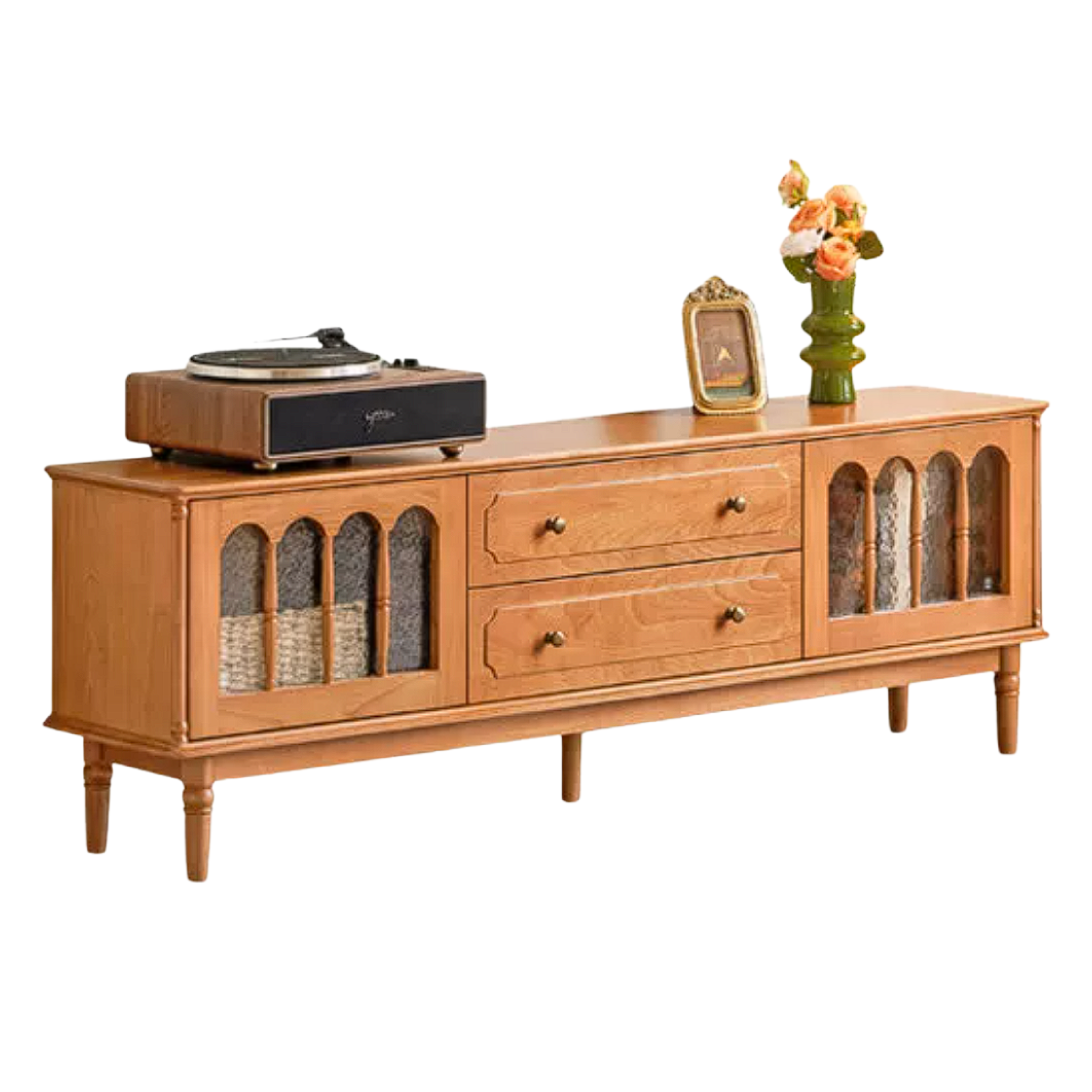 Cherry Solid Wood TV Cabinet with French Retro Glass Door Design