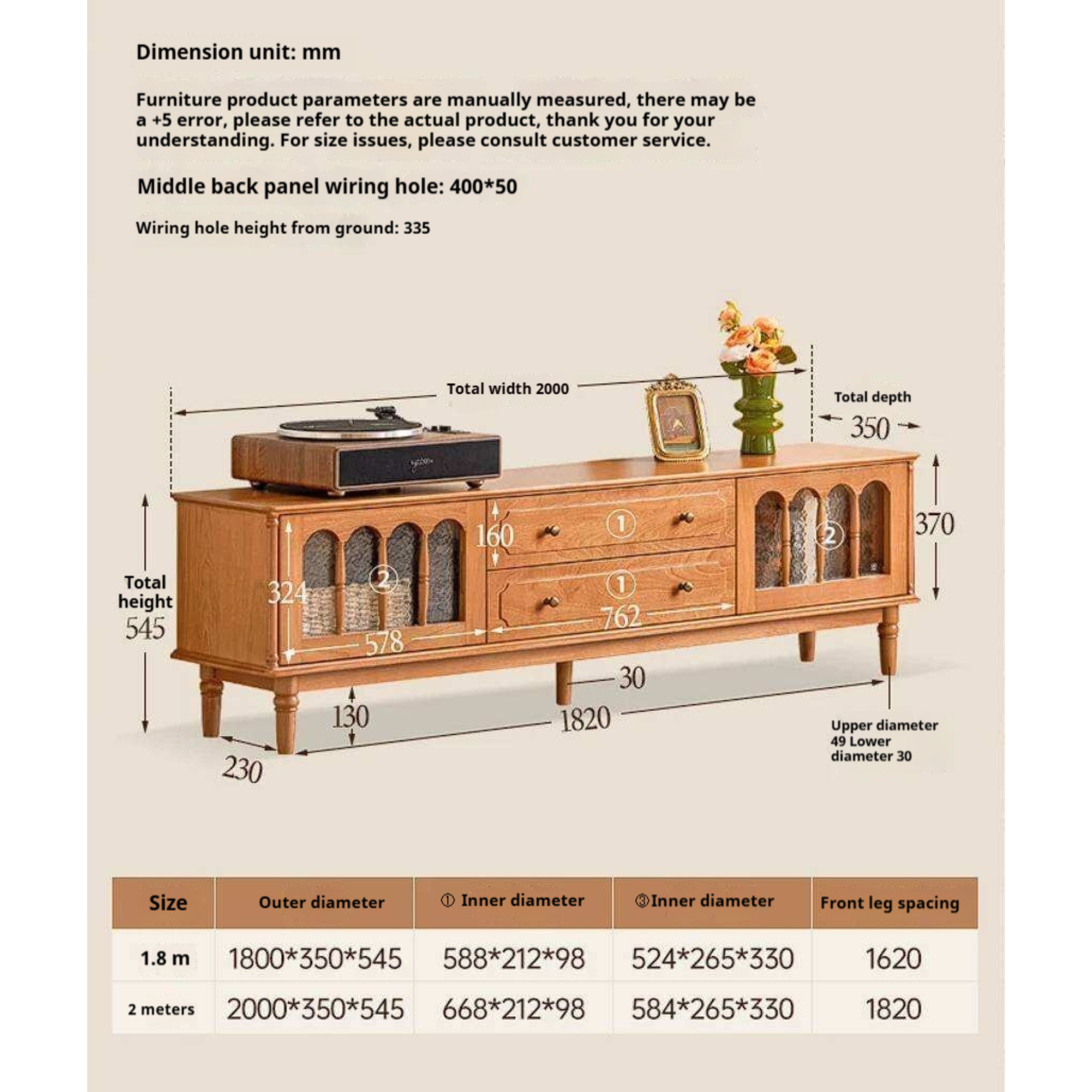 Cherry Solid Wood TV Cabinet with French Retro Glass Door Design
