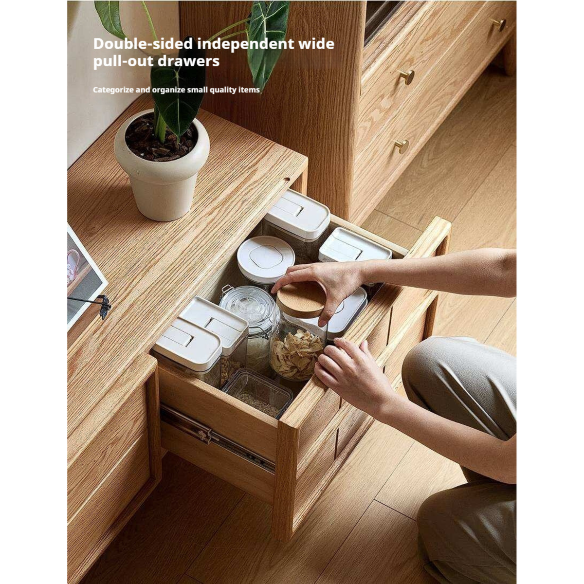 Oak Solid Wood Japandi TV Console with Grid-Panel Doors