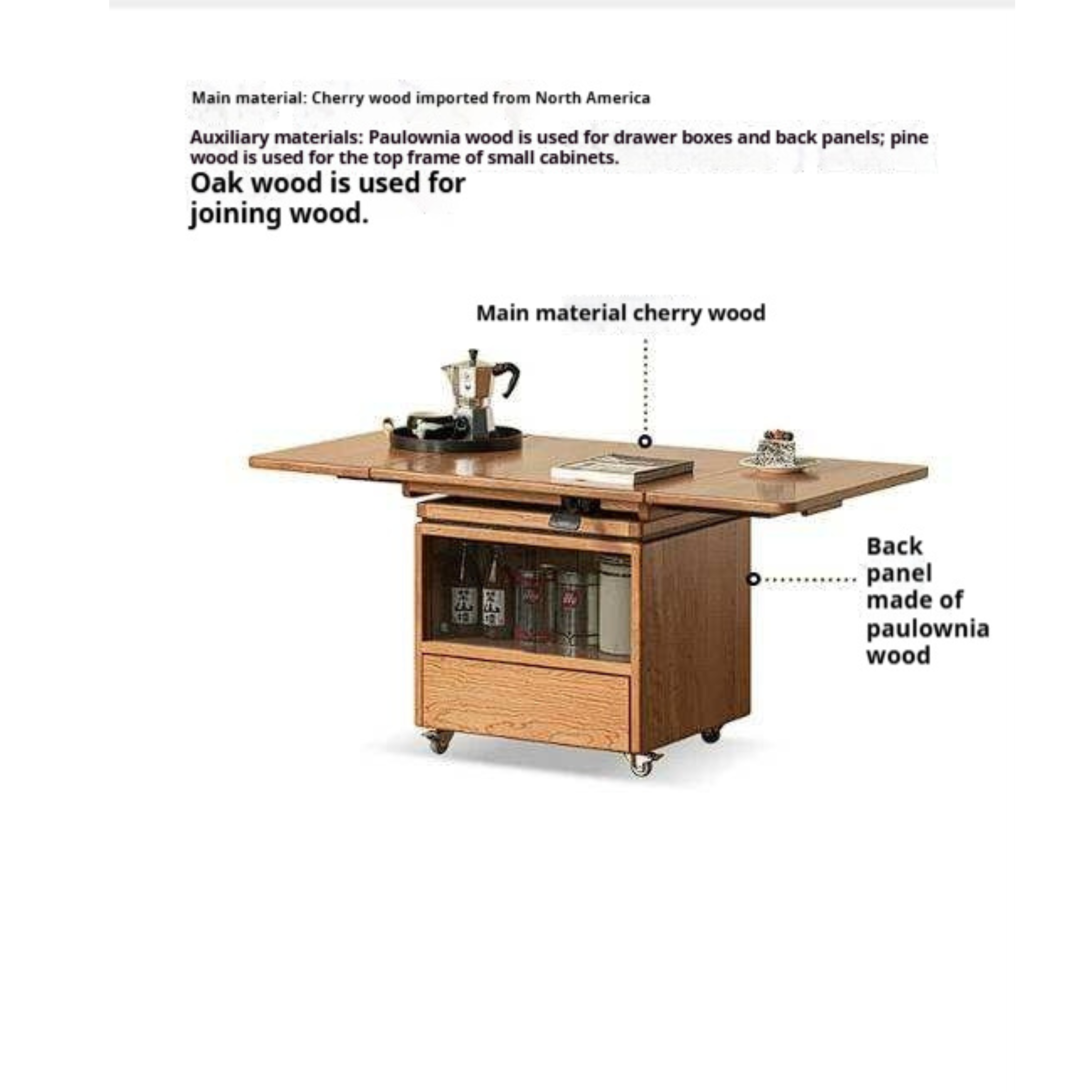 Cherry Solid Wood Folding Coffee Table with Lift-Top Dual Function Design