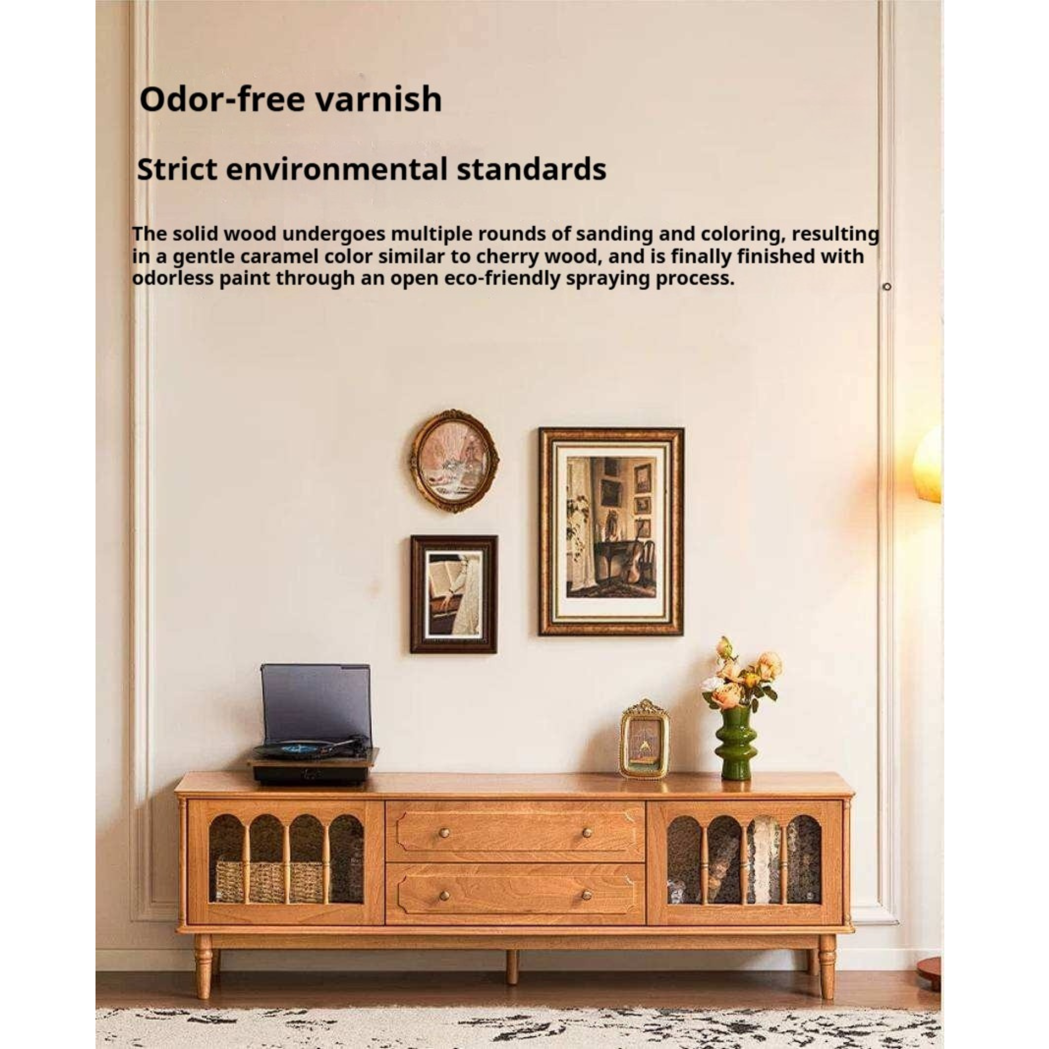 Cherry Solid Wood TV Cabinet with French Retro Glass Door Design
