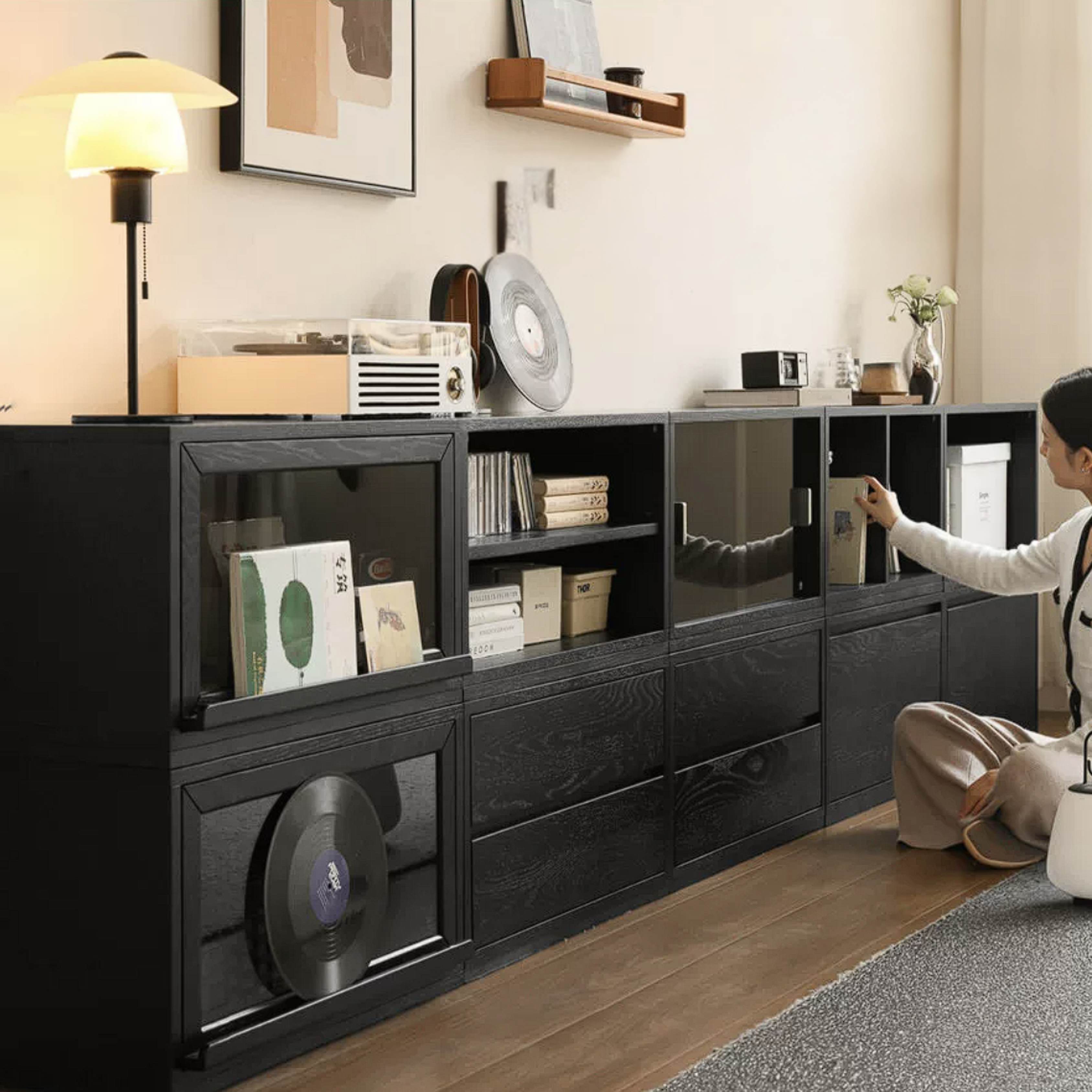 Oak Solid Wood TV Cabinet Modular with Modern Minimalist Storage