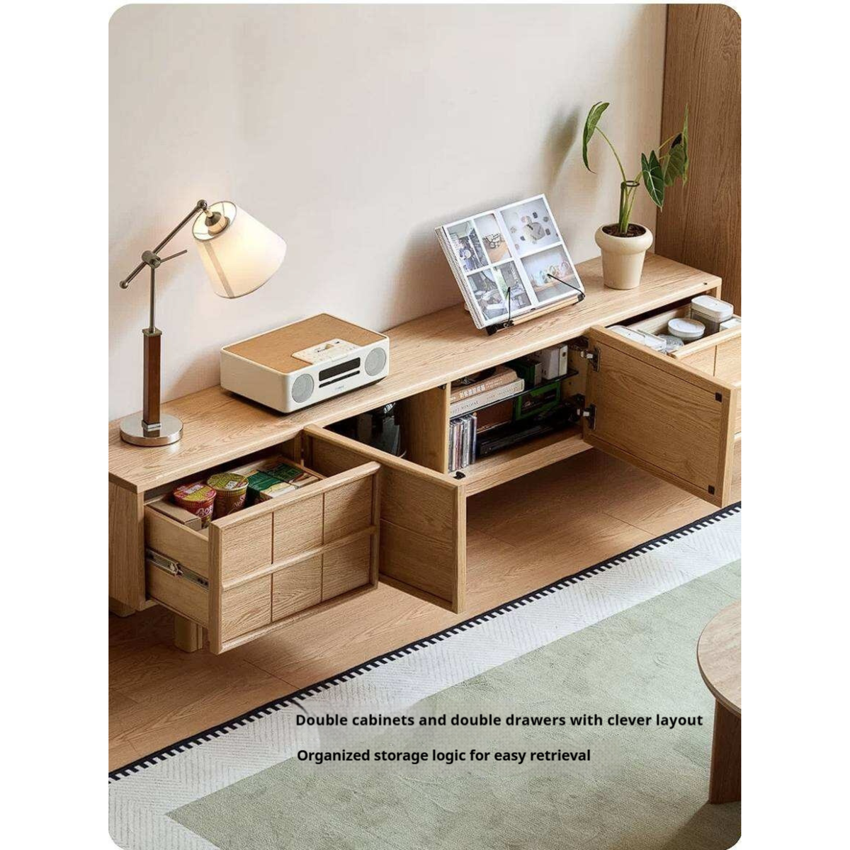 Oak Solid Wood Japandi TV Console with Grid-Panel Doors