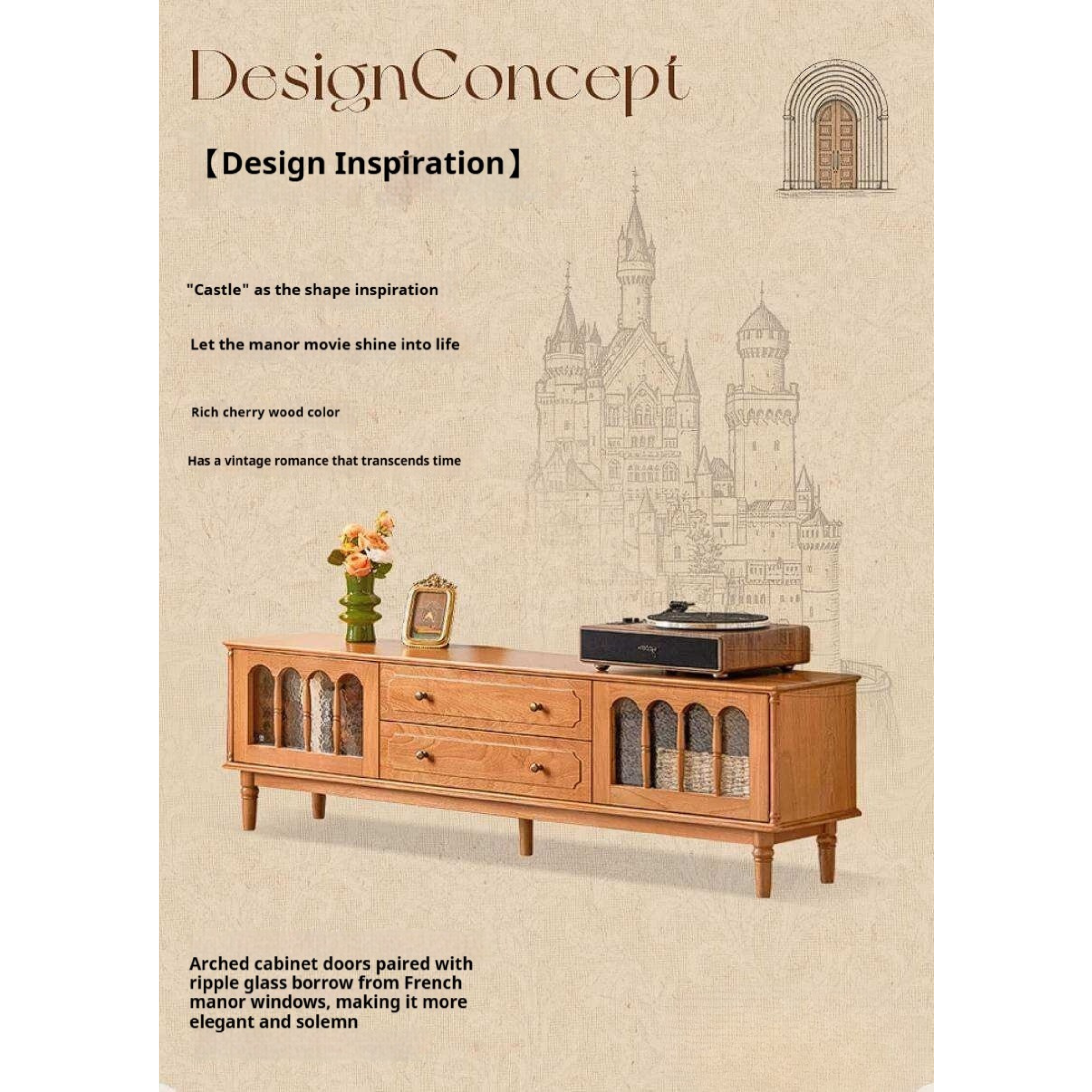Cherry Solid Wood TV Cabinet with French Retro Glass Door Design
