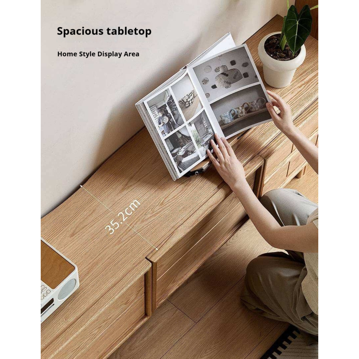 Oak Solid Wood Japandi TV Console with Grid-Panel Doors