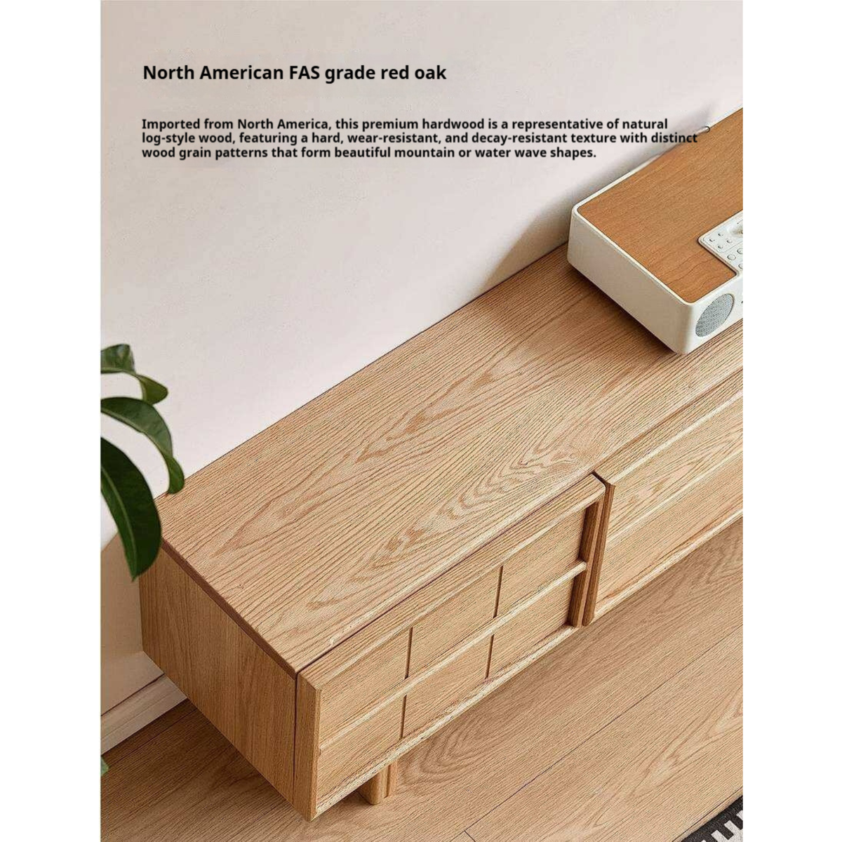 Oak Solid Wood Japandi TV Console with Grid-Panel Doors