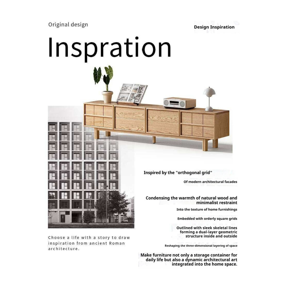 Oak Solid Wood Japandi TV Console with Grid-Panel Doors