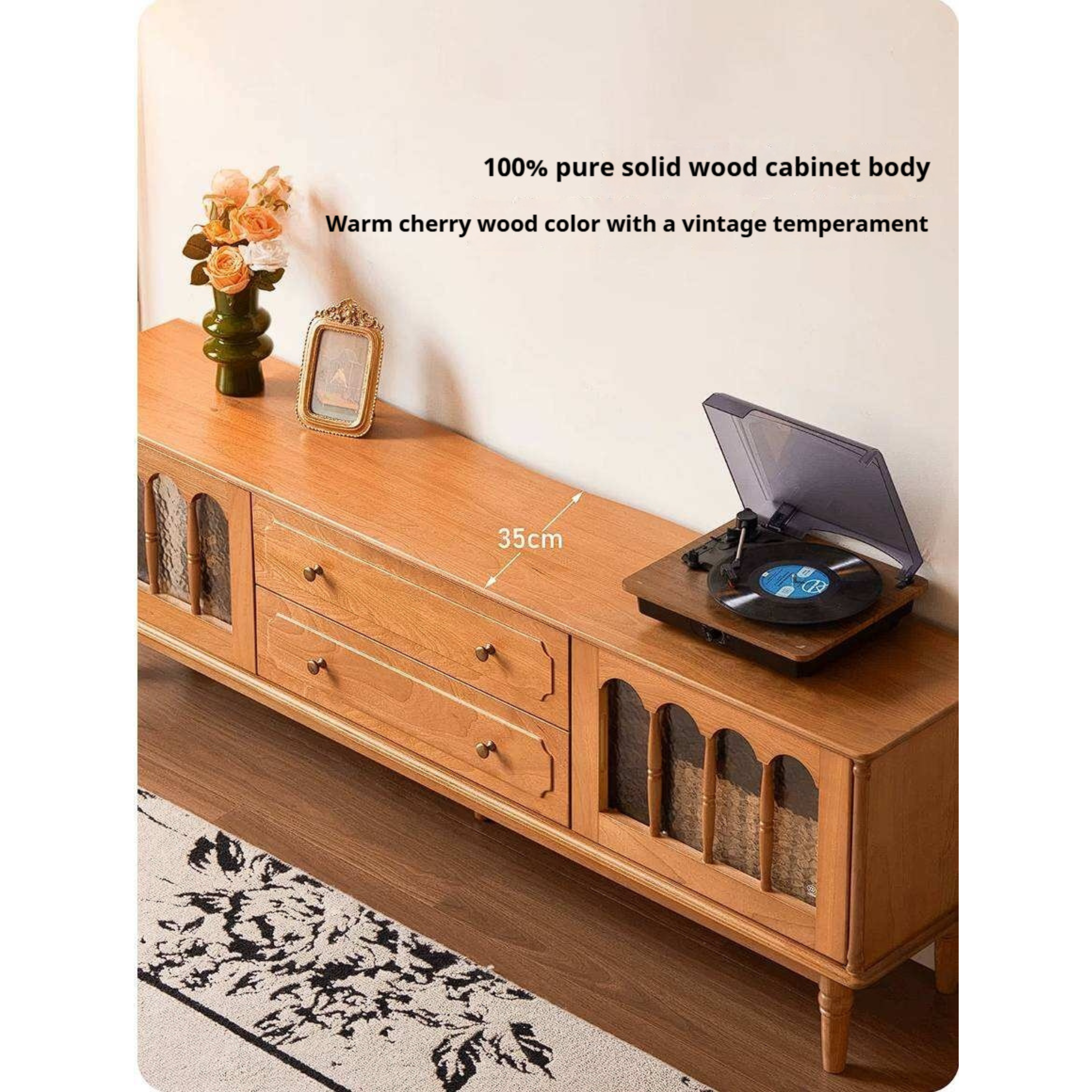 Cherry Solid Wood TV Cabinet with French Retro Glass Door Design