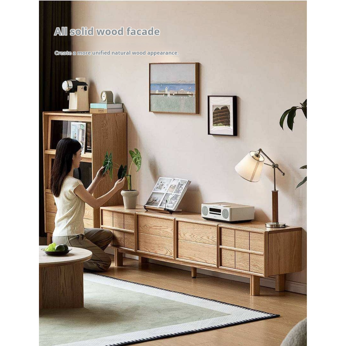 Oak Solid Wood Japandi TV Console with Grid-Panel Doors