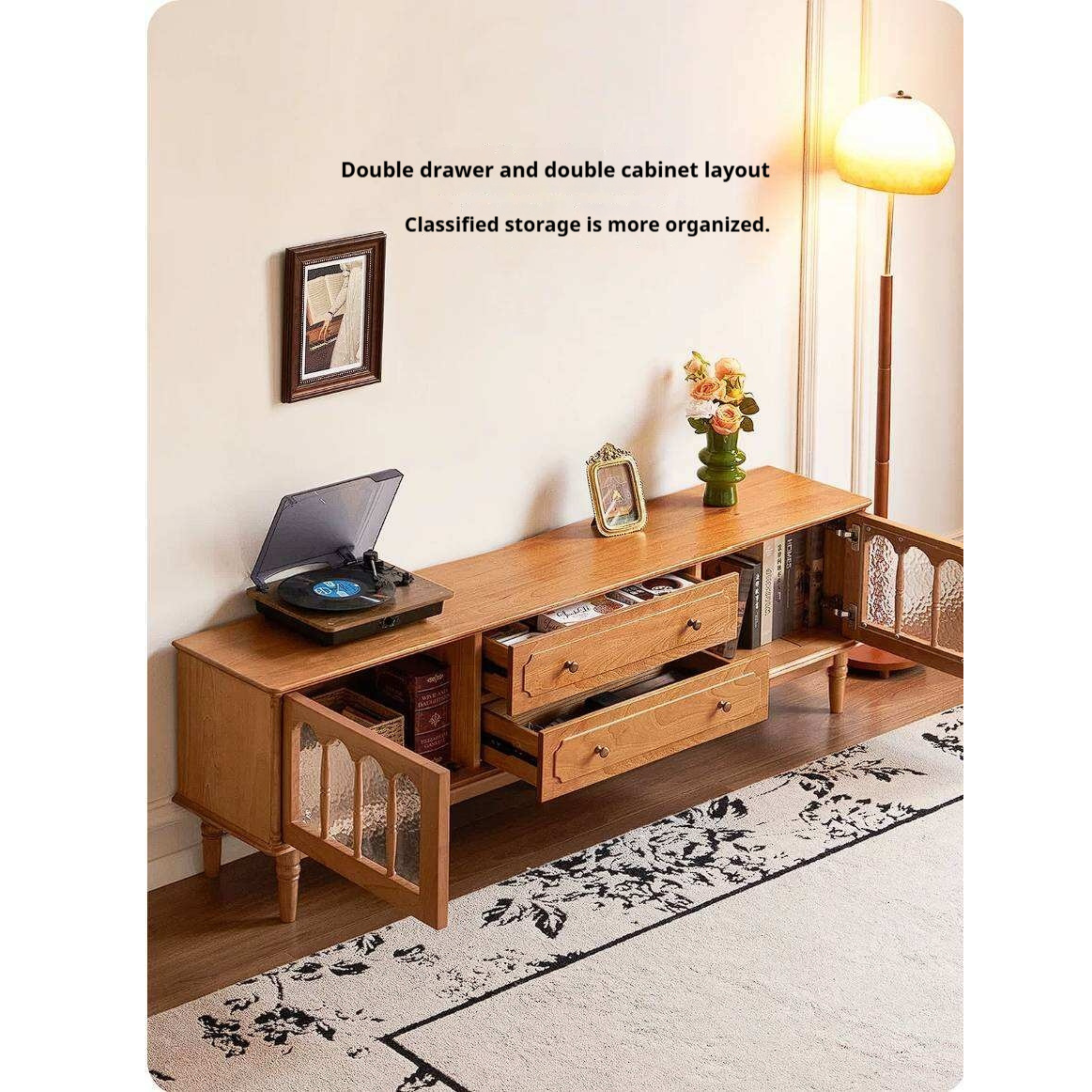 Cherry Solid Wood TV Cabinet with French Retro Glass Door Design