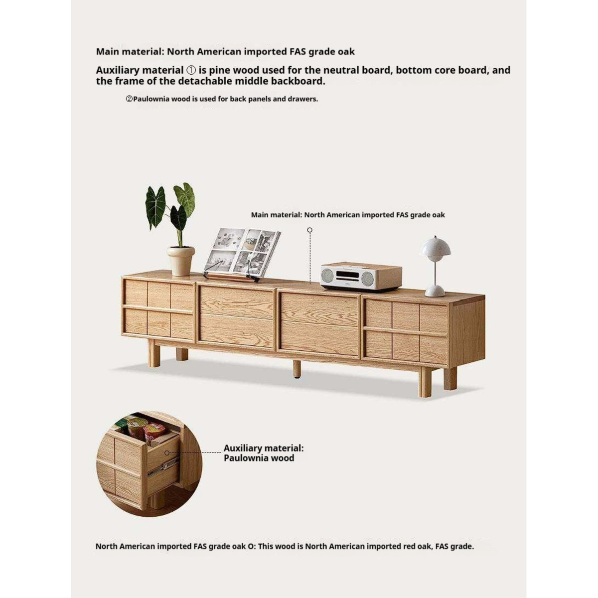 Oak Solid Wood Japandi TV Console with Grid-Panel Doors