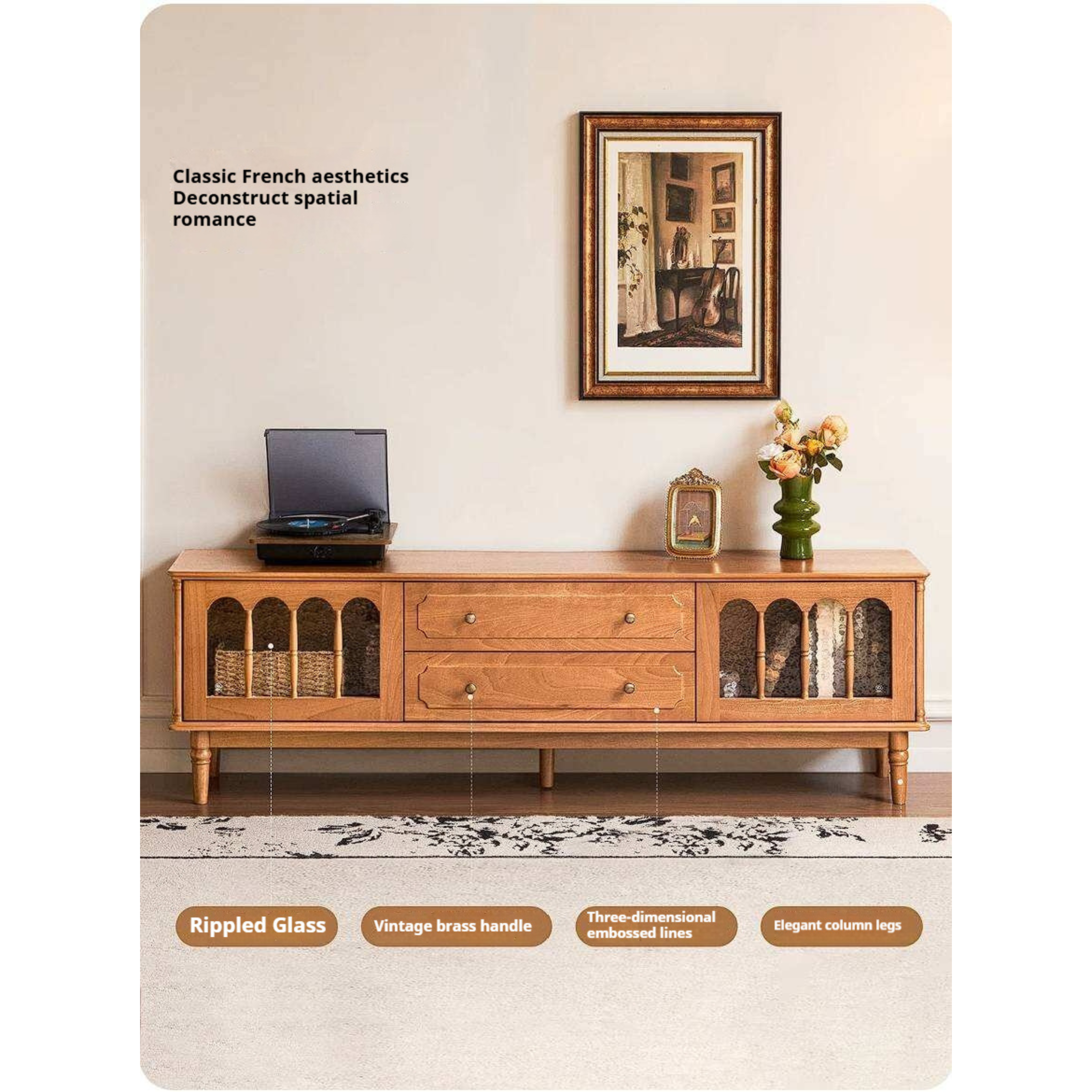 Cherry Solid Wood TV Cabinet with French Retro Glass Door Design
