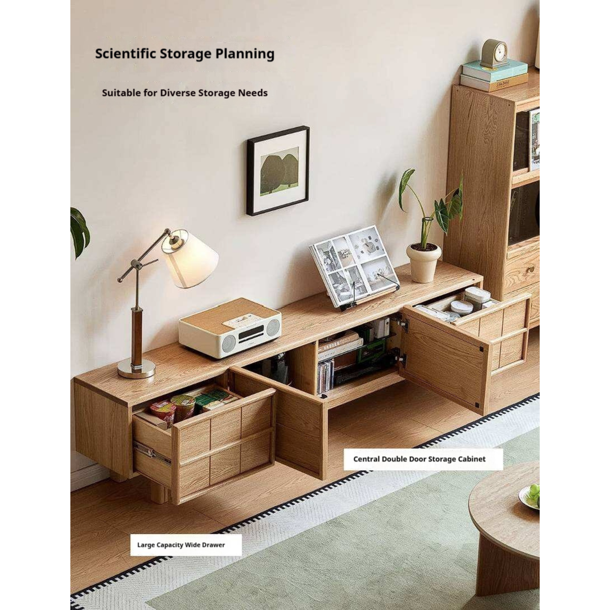Oak Solid Wood Japandi TV Console with Grid-Panel Doors