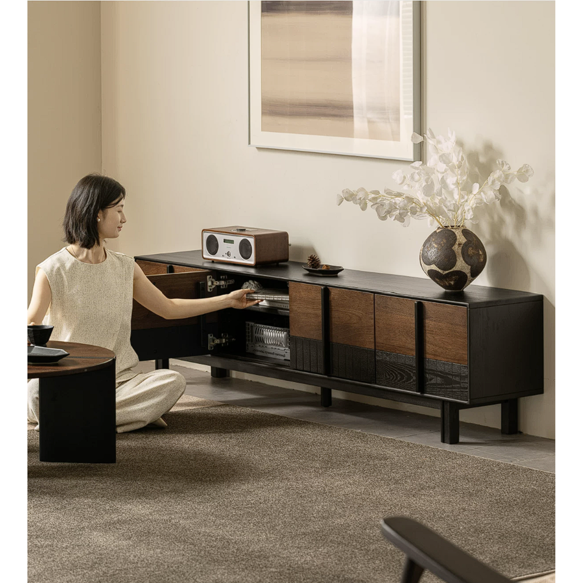 Ash Solid Wood TV Console with Black Frame and Ribbed Wood Sliding Doors