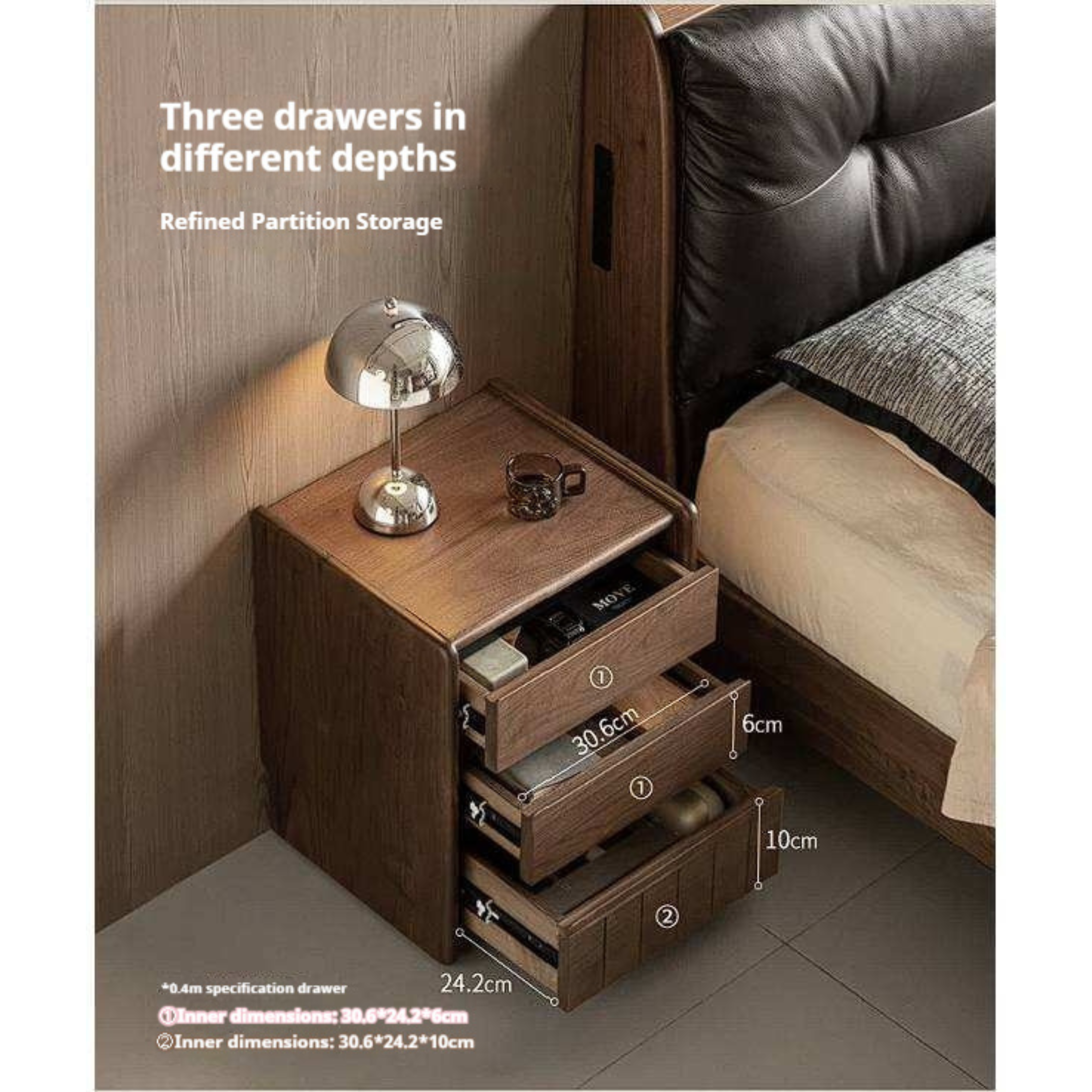 Black Walnut Solid Wood Nightstand Italian Style with Wheels