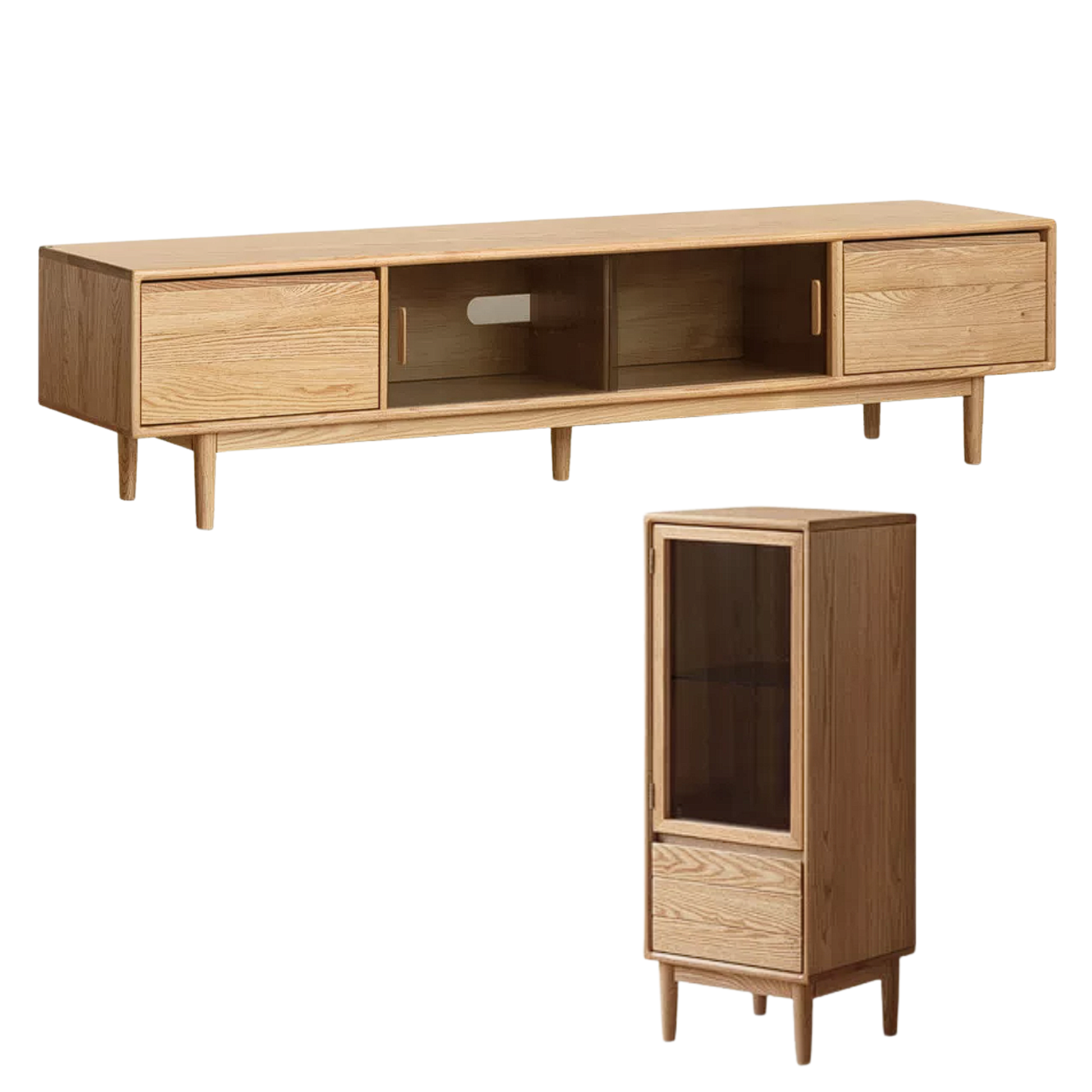 Oak, Ash Solid Wood TV Console with Ribbed Glass Sliding Doors and Tapered Legs