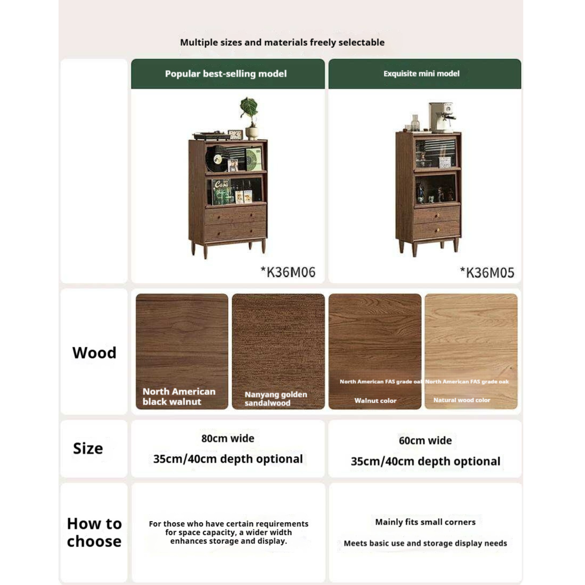 Sandalwood, Black Walnut, Oak Solid Wood Side Cabinet Flip Door LED Lights