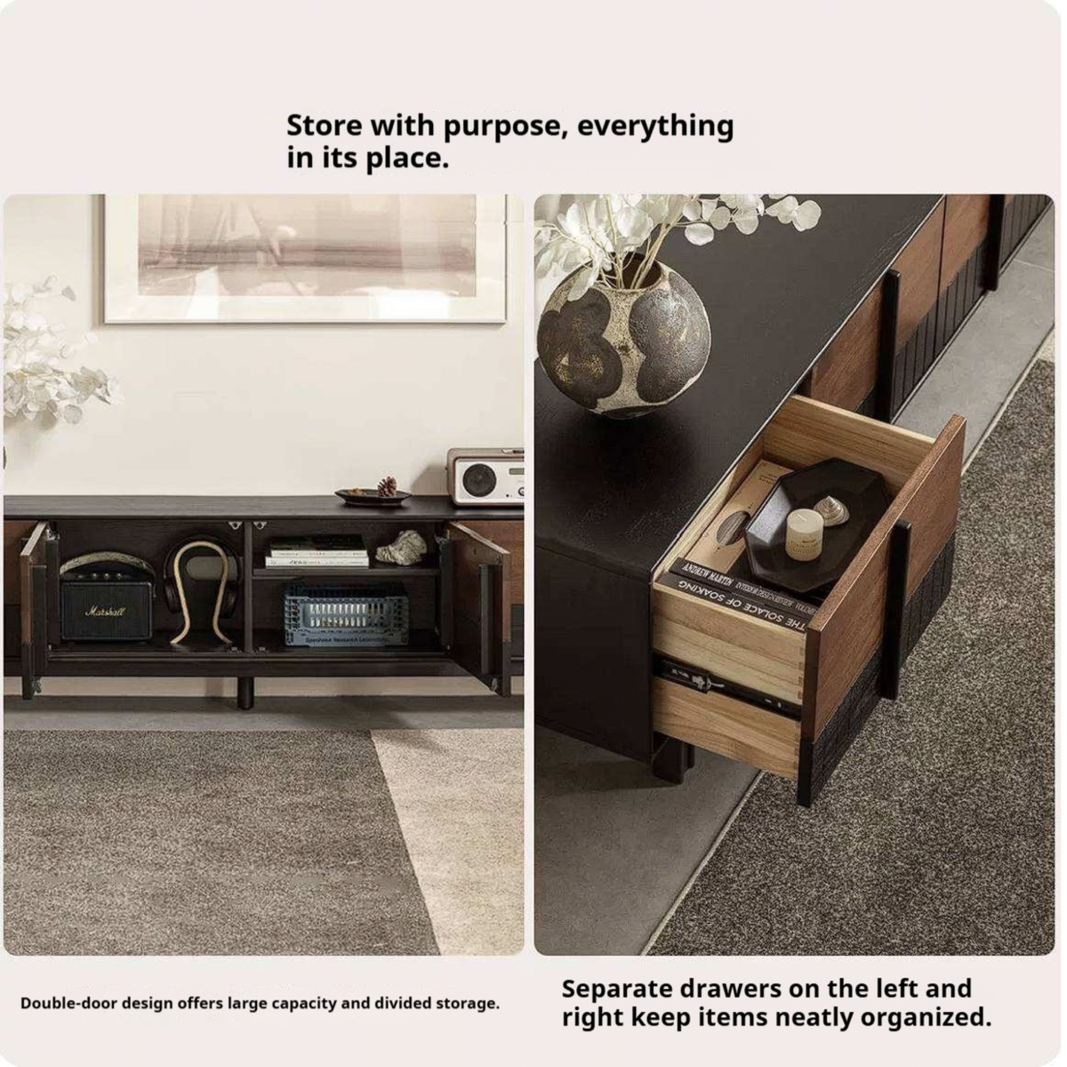 Ash Solid Wood TV Console with Black Frame and Ribbed Wood Sliding Doors