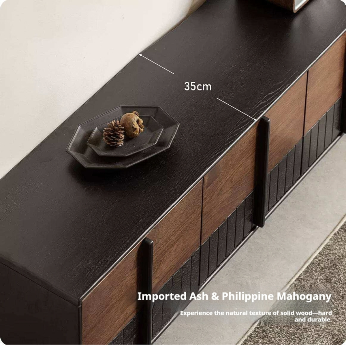 Ash Solid Wood TV Console with Black Frame and Ribbed Wood Sliding Doors