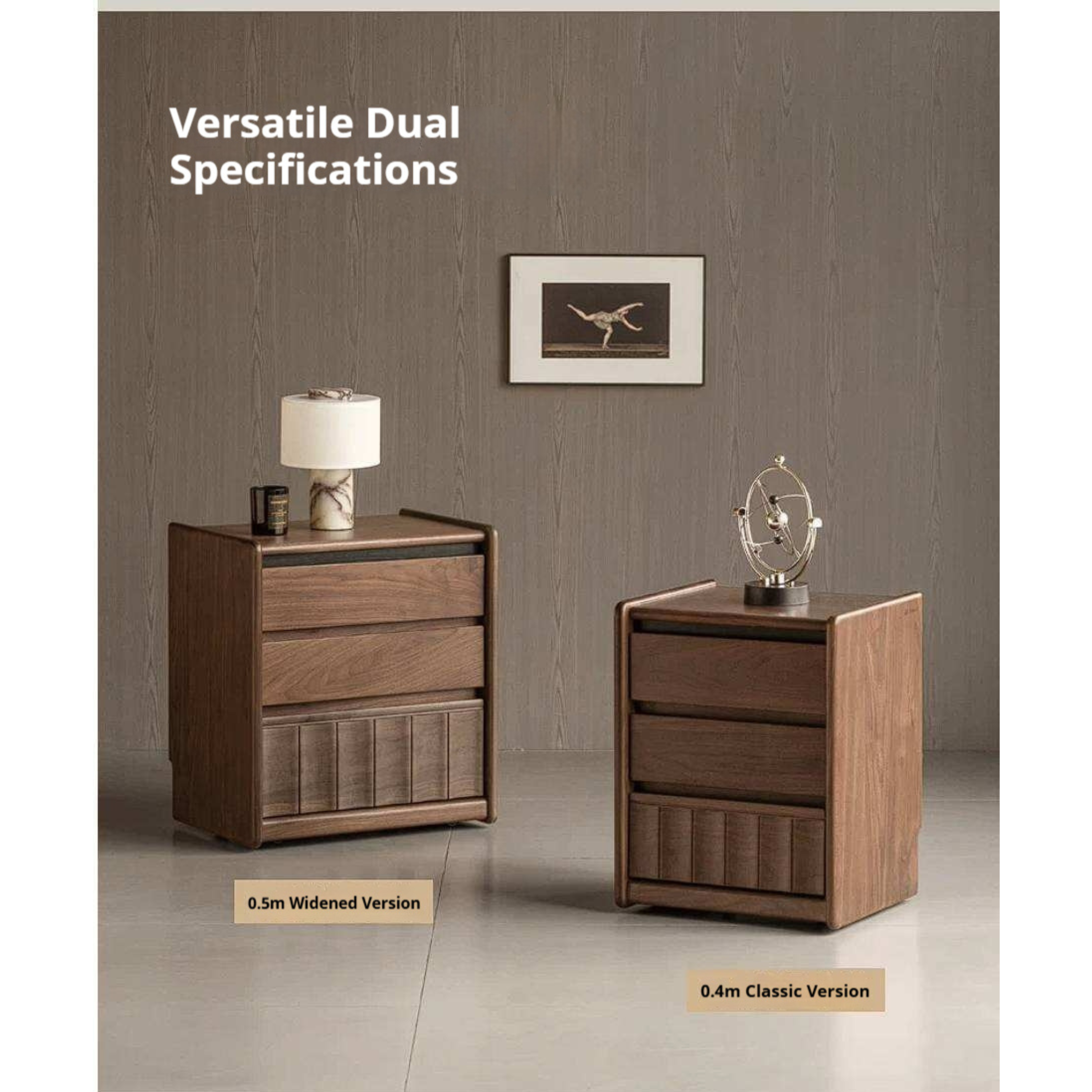 Black Walnut Solid Wood Nightstand Italian Style with Wheels