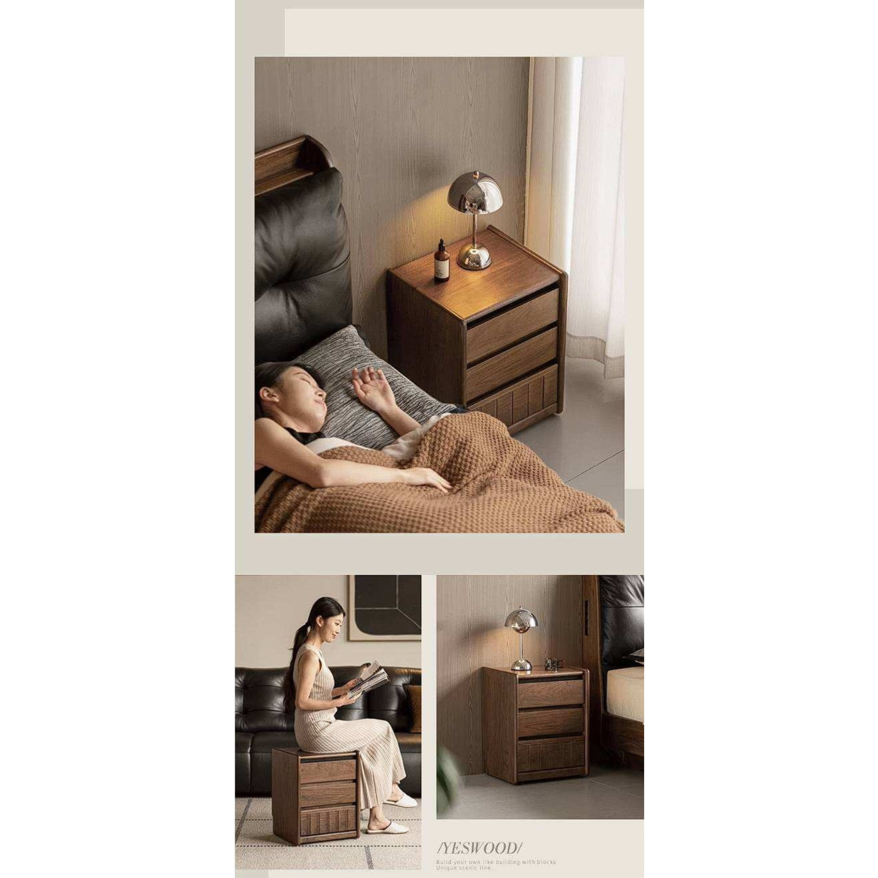 Black Walnut Solid Wood Nightstand Italian Style with Wheels